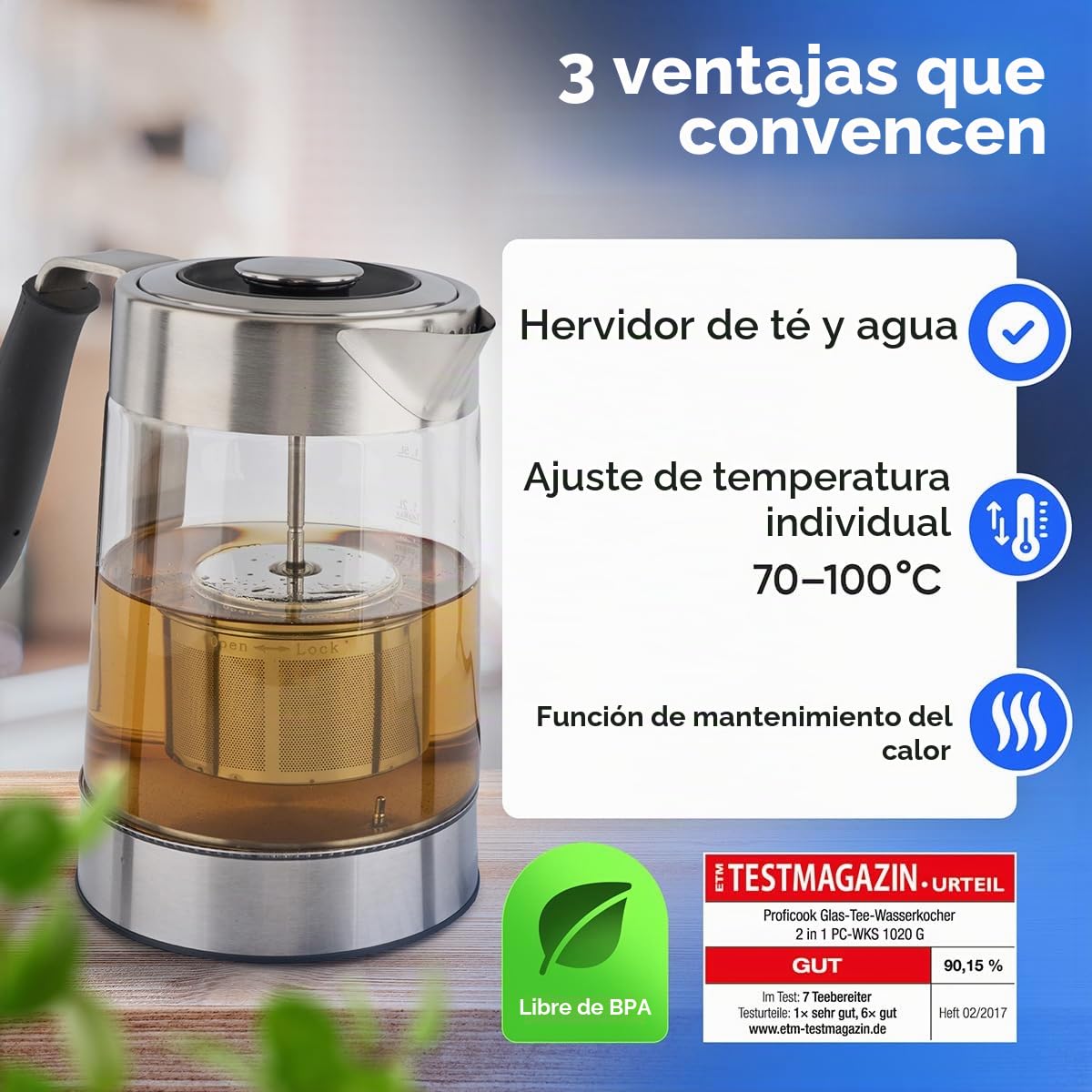 ProfiCook PC-WKS 1020 G Tetera eléctrica, 3000 W, 1.7 litros, 1 Decibeles, Acero Inoxidable, Gris/Negro