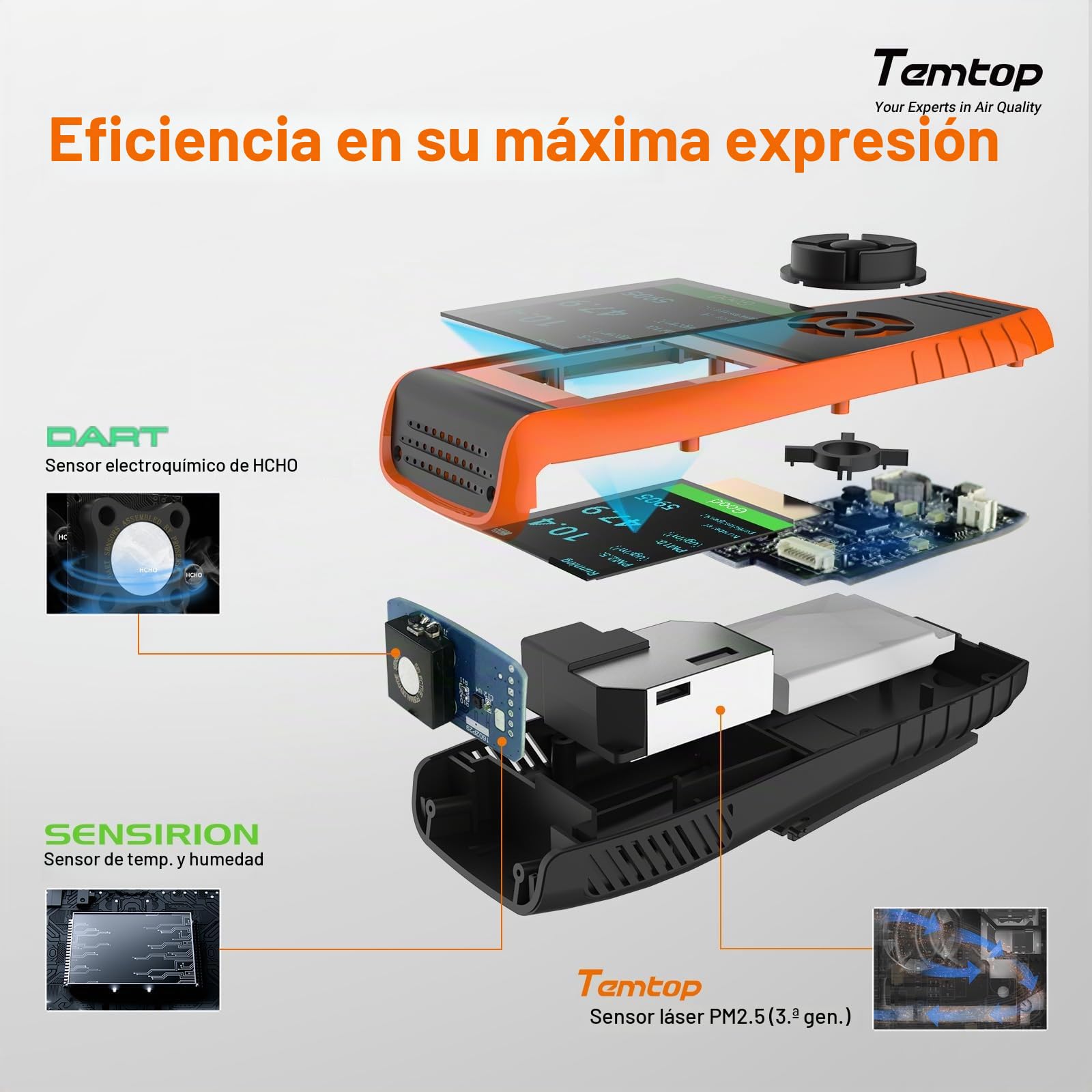 Temtop LKC-1000S+2ND Detector de Calidad del Aire Detector de Calidad del Aire Monitor de Formaldehído para Interiores y Exteriores HCHO / PM2.5 / PM10 / TVOC