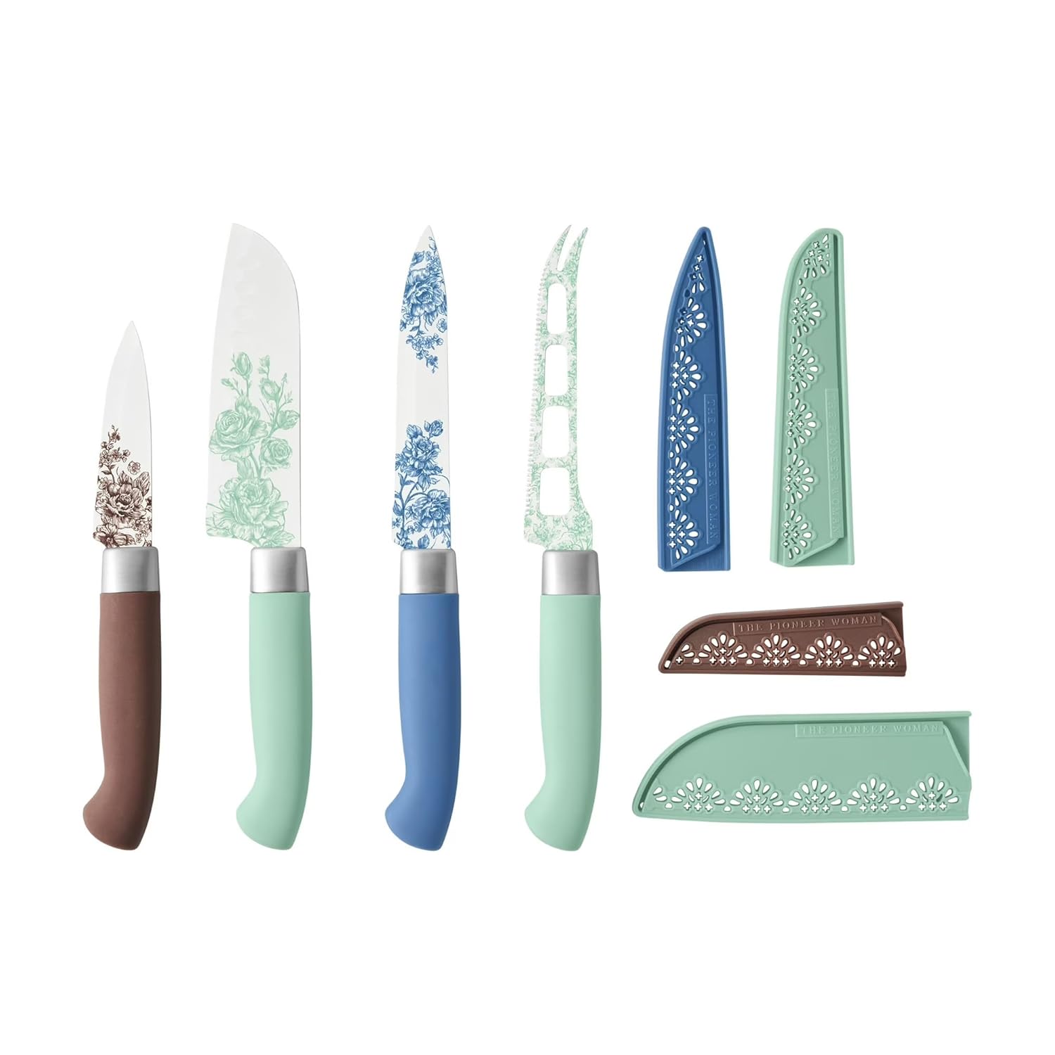 Agatha 4-Piece Stainless Steel Utility Knife Set with Sheaths Floral Blade Design and Ergonomic Handles Includes Santoku Utility