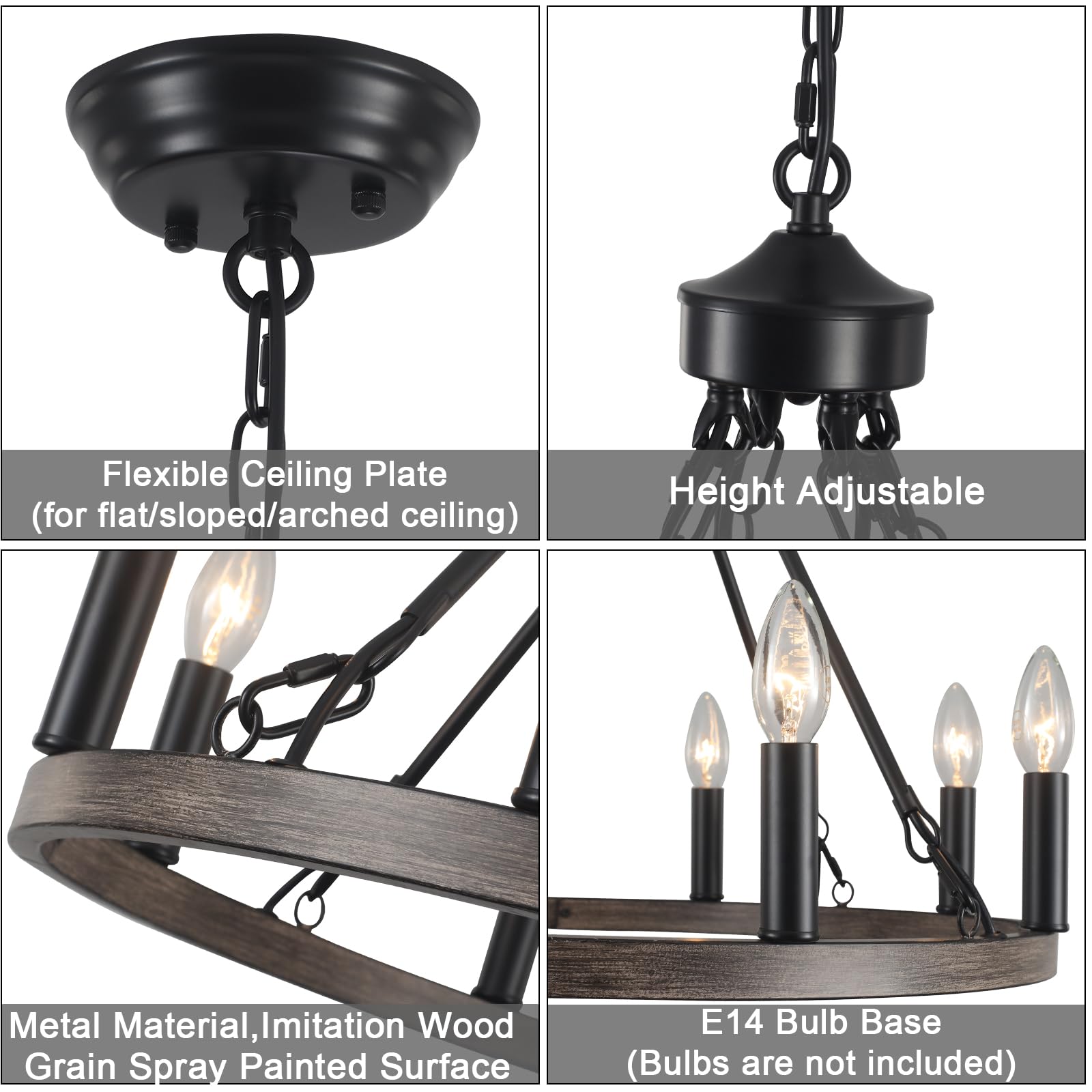 Lustre Noir, 8 Lumières Lustre en Forme de Roue de Charrette, Suspension Plafonnier Industriel pour Salon, Salle à manger, Cuisine, Couloir, Chambre, Hauteur Réglable
