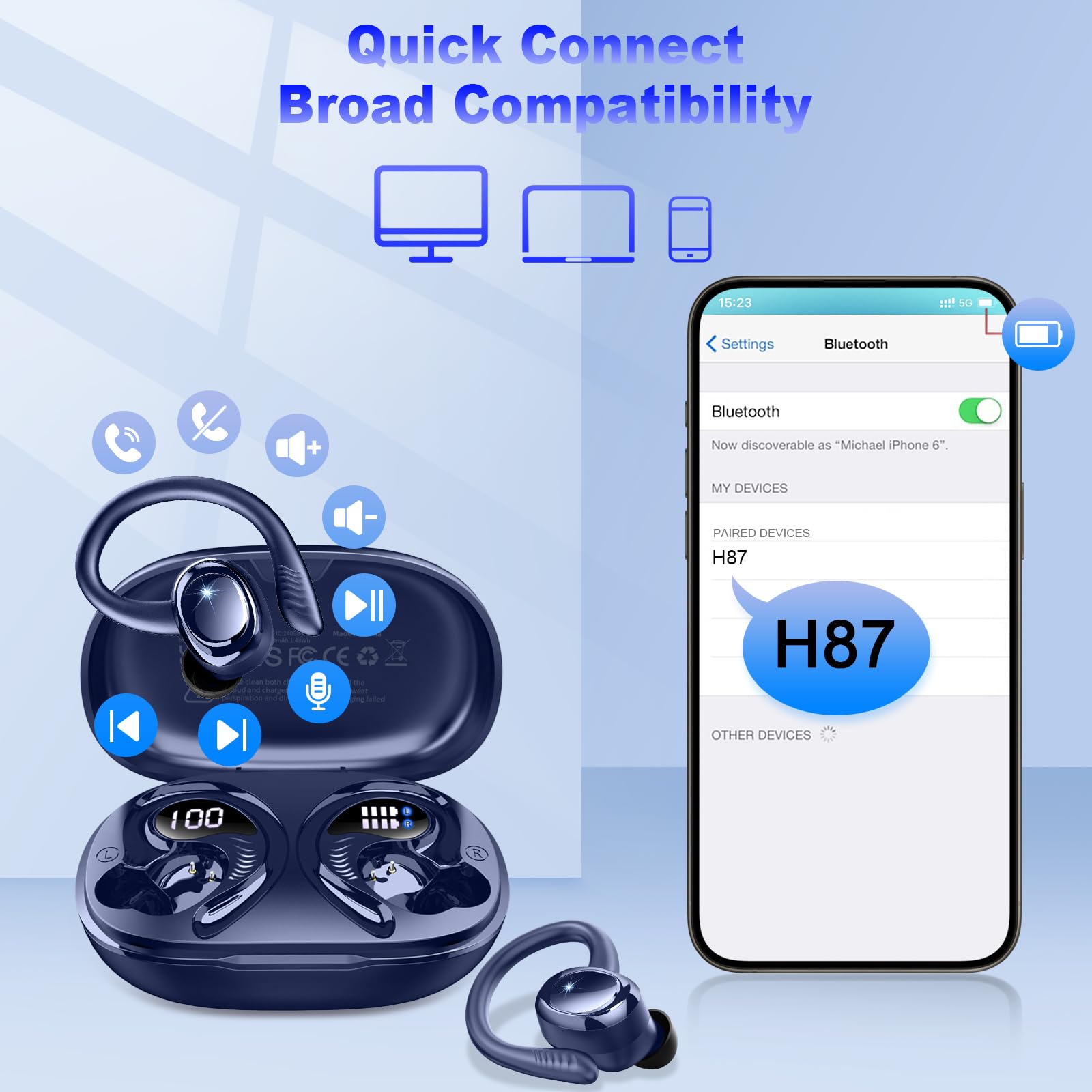 Auriculares Inalámbricos Bluetooth Deportivos, 60H Auriculares Bluetooth 5.4 con HiFi Estéreo, 4 ENC Mics, 2026 Cascos Inalambricos con Cancelación RuidoI/IP7 Impermeable/Azul Auriculares para Correr