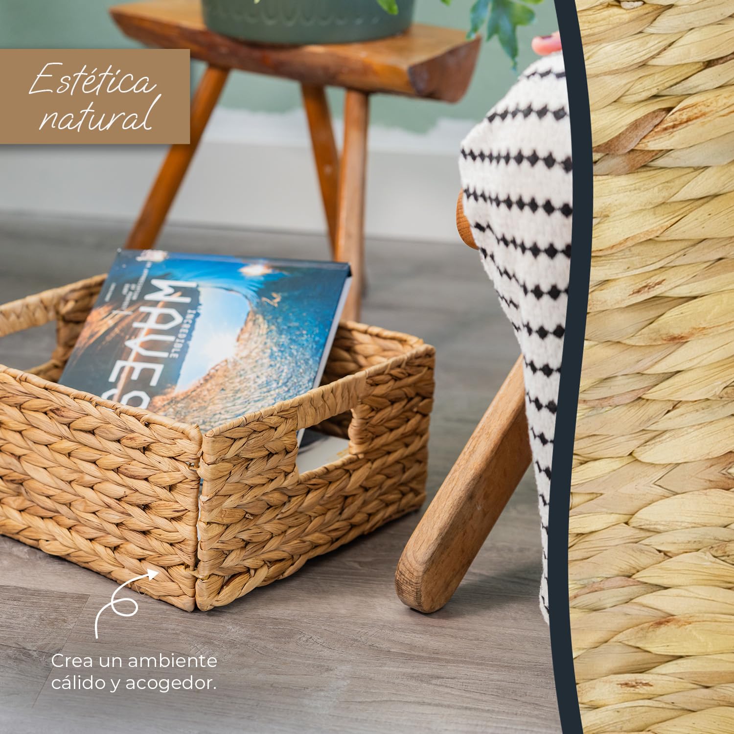 HMF cesta de almacenaje compatible con KALLAX medio compartimento, cesta tejida de jacinto de agua con asas Juego de 2 30x34x15 cm Natural