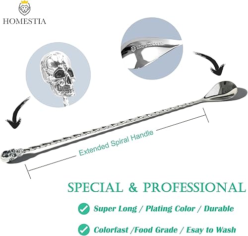 Miniatura 3 de Homestia Cuchara de barra de 12 pulgadas, cuchara mezcladora de cóctel, material de acero inoxidable 304, Halloween, aleación gótica calavera