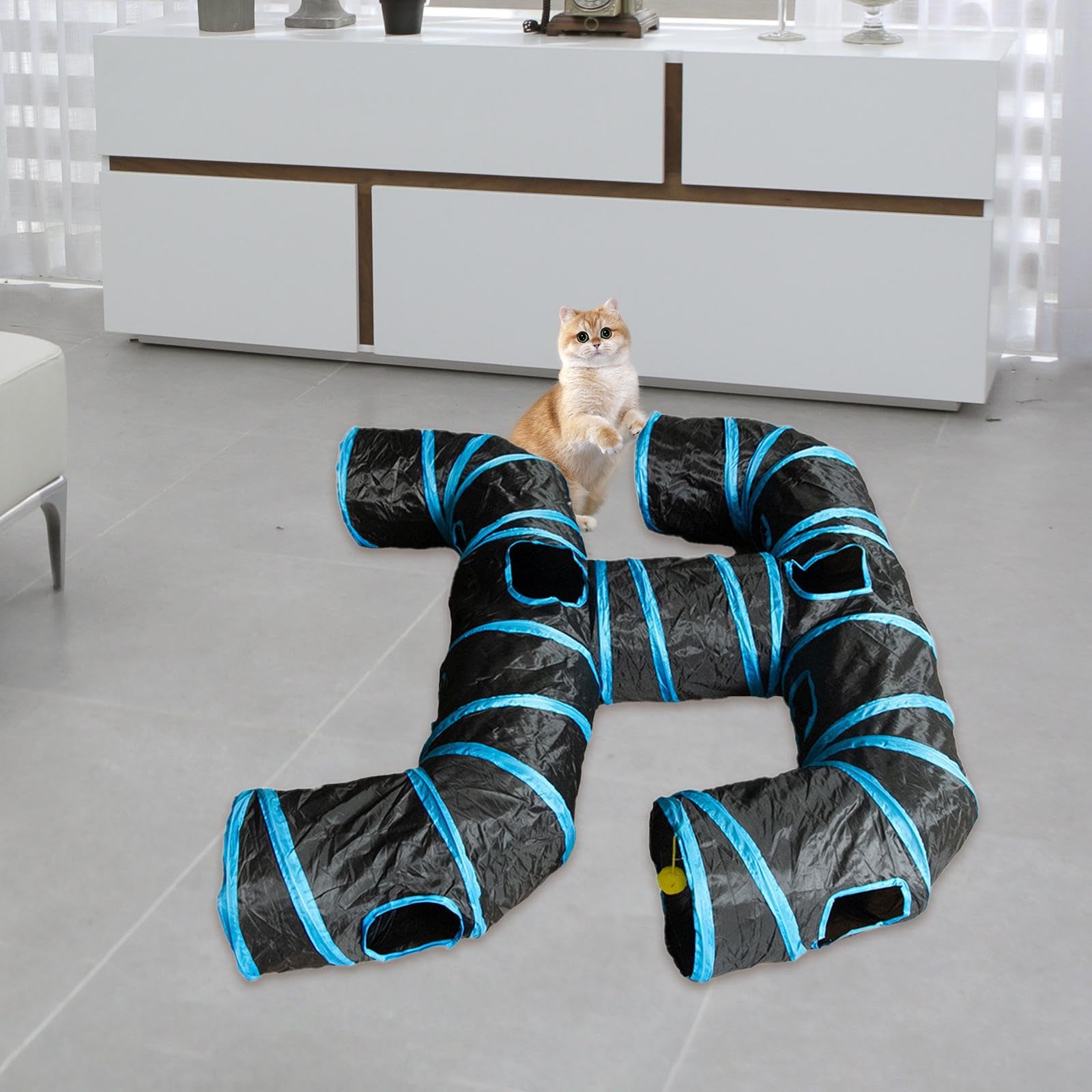 Tunnel pour Chat Pliable, pour Animaux de Compagnie, Tube de Jeu, Multifonctionnel, Léger, Cachette D'entraînement, Jeu de Balle, Espace de Jeu et, Bleu Noir