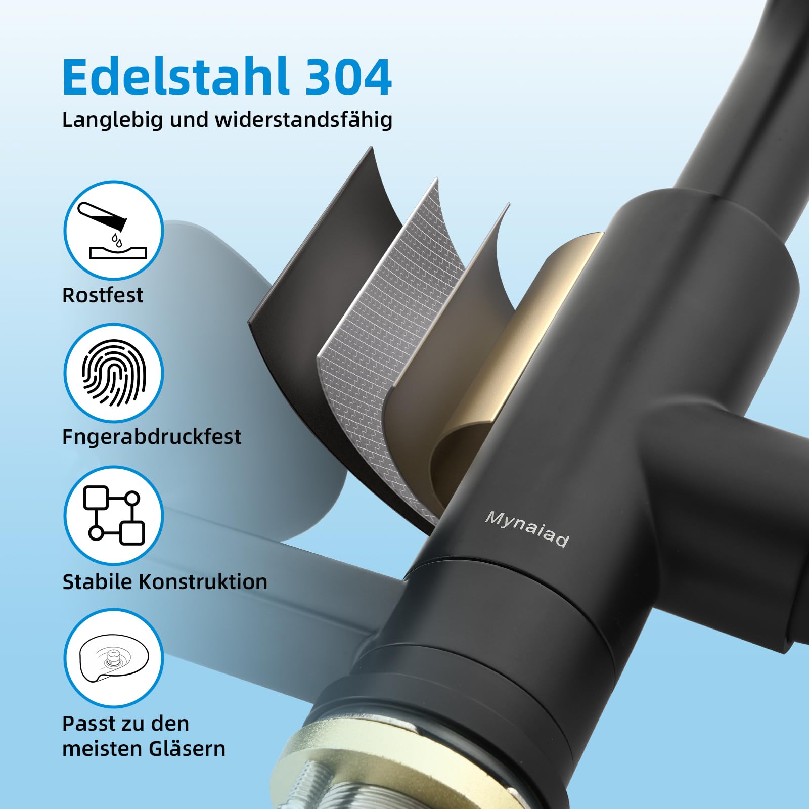 Küchenarmatur Wasserhahn Küche Glasspüler, Ausziehbar Dual-Auslauf Schwarz | Mischbatterie Küche Mynaiad mit Glasspüler Ausziehbar Armatur,360°-Drehung, Dual-Auslauf 304 Edelstahl gebürstet für Küche