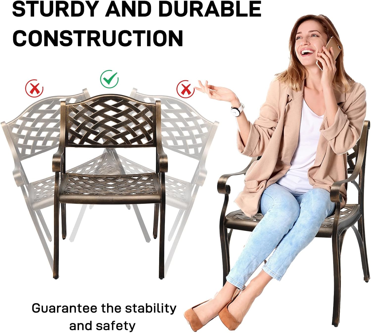 VINGLI Outdoor Dining Chairs Set of 2, Cast Aluminum Patio Chairs, All-Weather Aluminum Outdoor Chairs Patio Furniture for Porch, Bistro, Backyard and Balcony Bronze