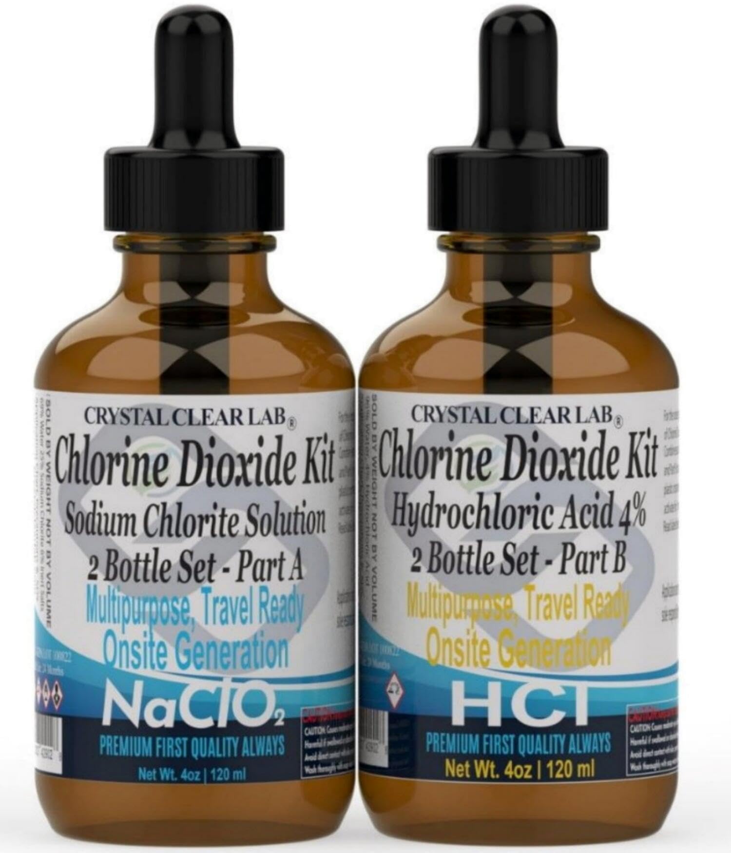 Crystal Clear Lab Chlorine Dioxide Kit | Hydrochloric Acid 4-5% (HCl) : Sodium Solution (8oz) Liquid Set