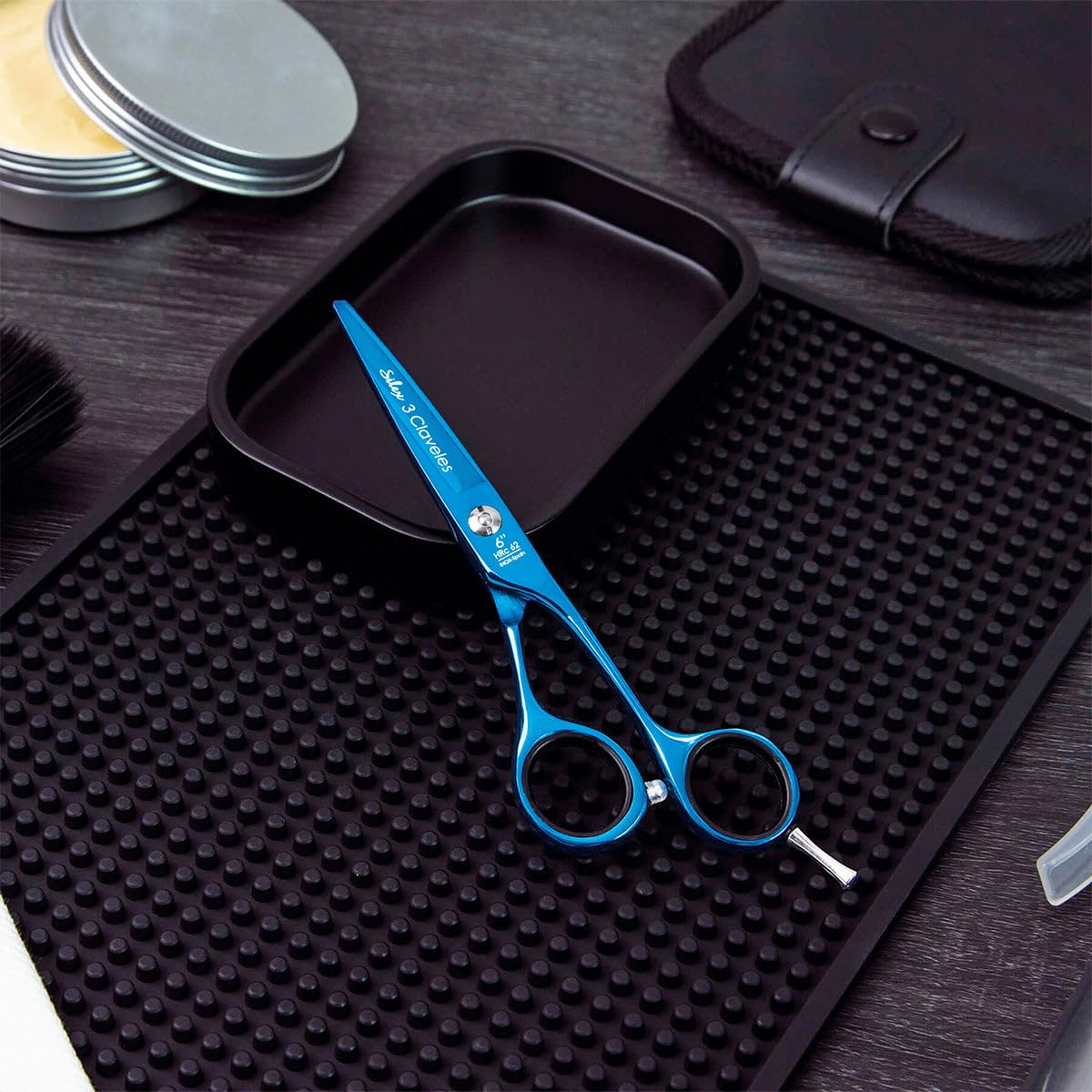 3 Claveles Sílex - Tijera de peluquero de corte 6", recubrimiento nitruro titanio azul, tijera peluquería dedales ergonómicos, con apoyadedos