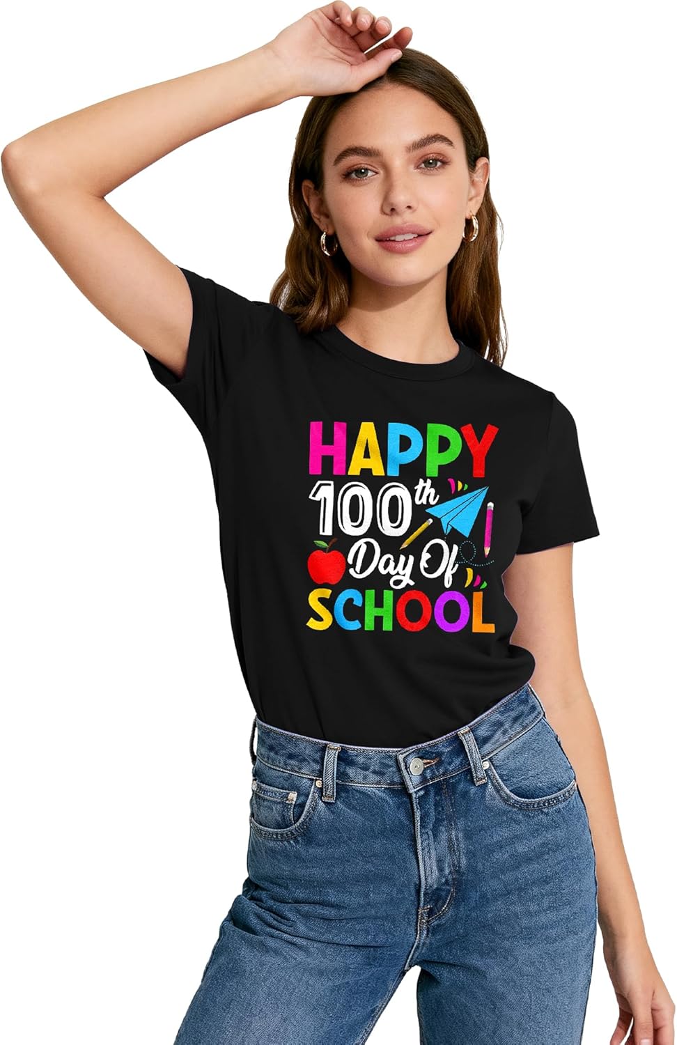 Happy 100 Days of School Shirt, Womens 100 Days in The Book, 100 Days of School Teacher Appreciation Short Sleeve Shirts - Image 2