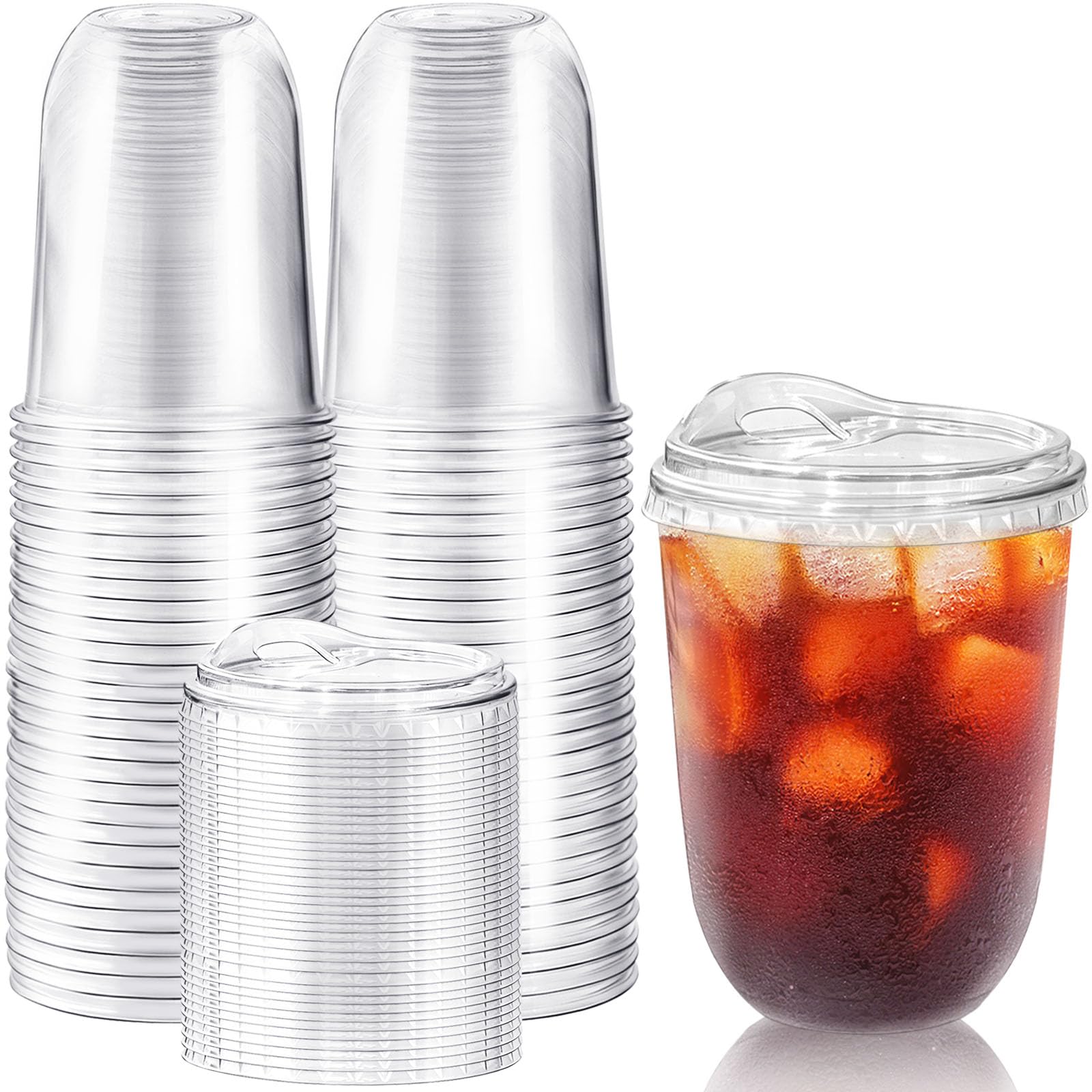 50 Pack 16 oz Clear Plastic Iced Coffee Cups with Strawless Sip Lids | Disposable PET Crystal Cups,Round Bottom To Go Cup for Iced Coffee Juice Smoothie Cold Beverage
