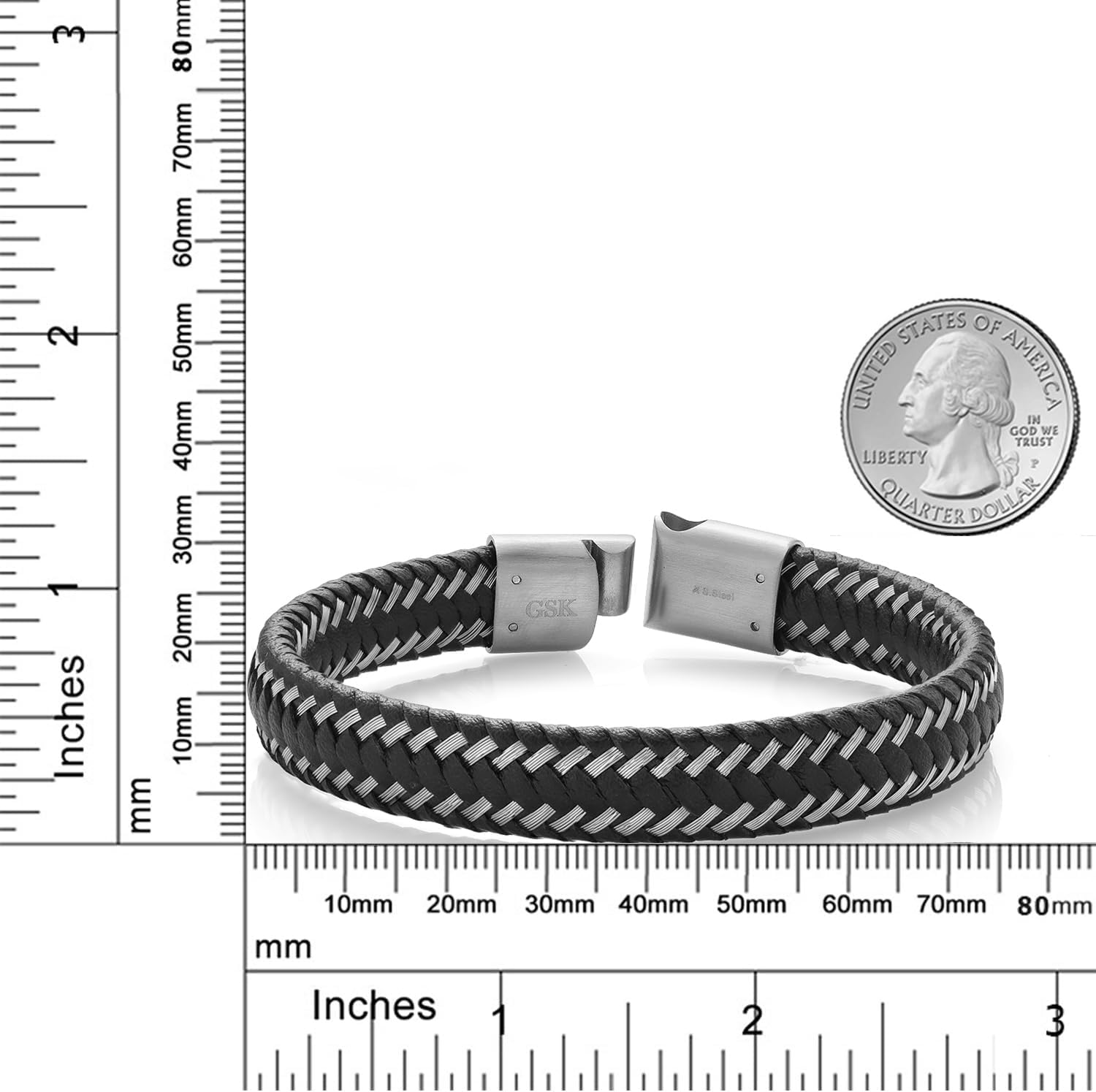 Gem Stone King Stainless Steel and Black Leather Bracelet For Men | 8.5 Inch | 11mm Width | Secure Clasp