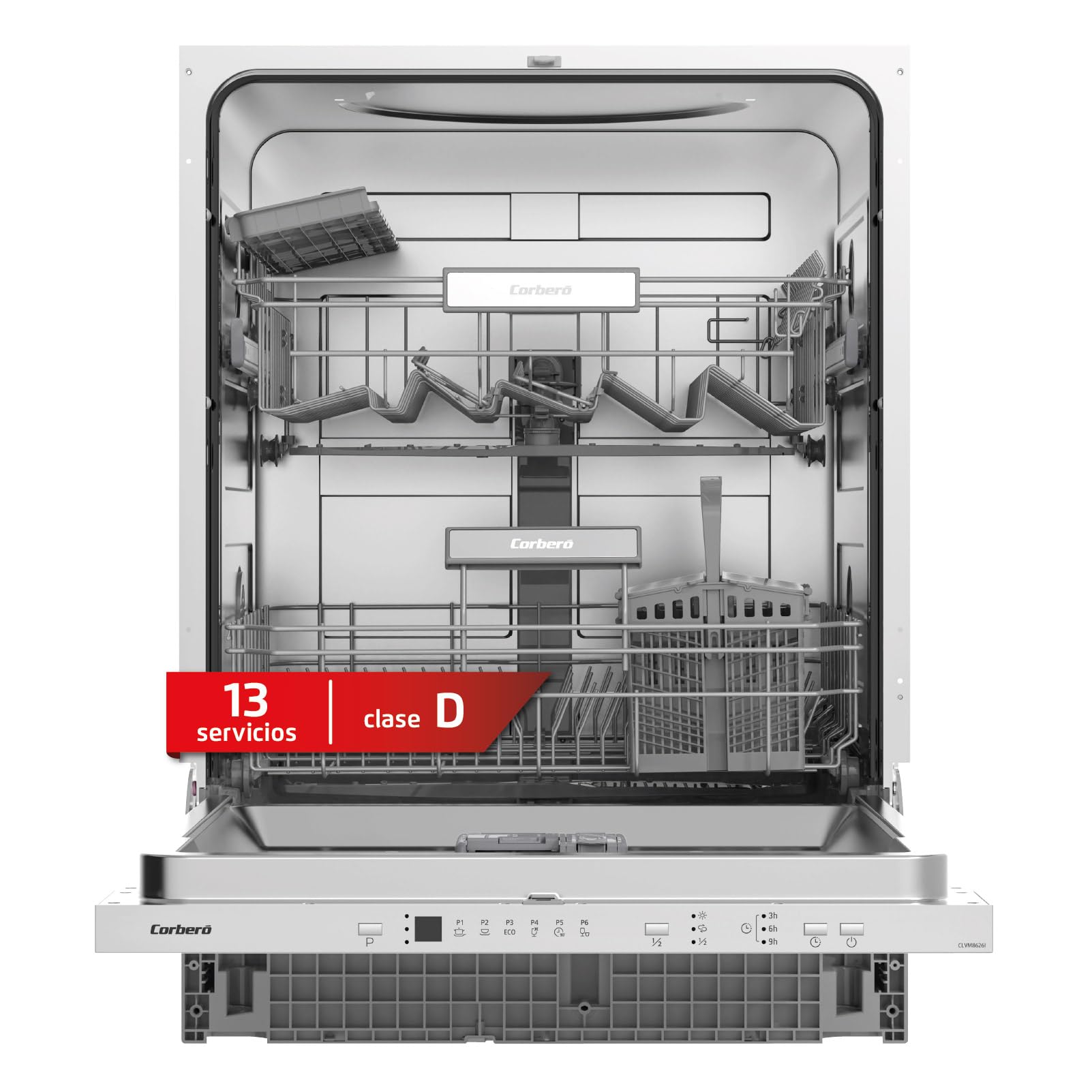Corberó - Lavavajillas integrable 60 cm | CLVM8626I | 13 cubiertos | 6 programas | Tercera bandeja mini | Función ECO| Media Carga| Función 3 en 1 | Auto Apertura | Inox