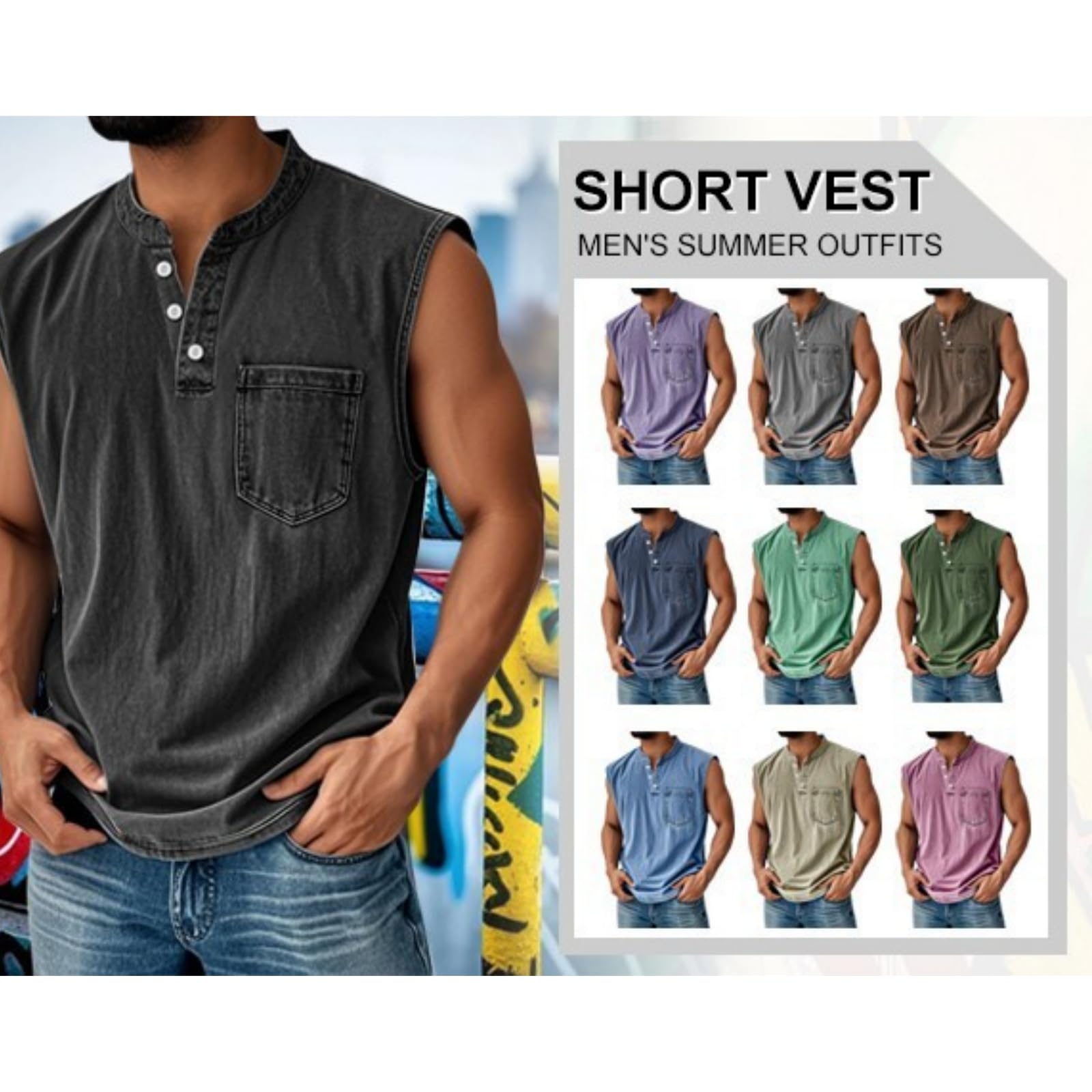 Generisch Canotta da Uomo dal Look Vintage – Senza Maniche, con Colletto e Scollo a V, abbottonatura Completa e Tasche.