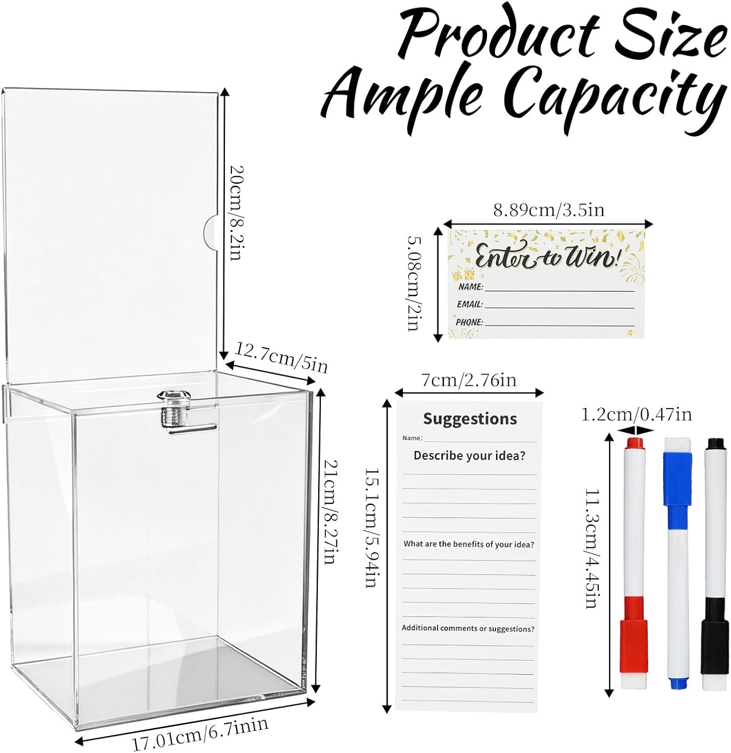 2 Pcs Tall Acrylic Donation Box with Lock, Sign Plate and Raffle Tickets, 6.7 x 5 x 8 Inch Suggestion Box, Clear Ballot Container for Business, Public Events