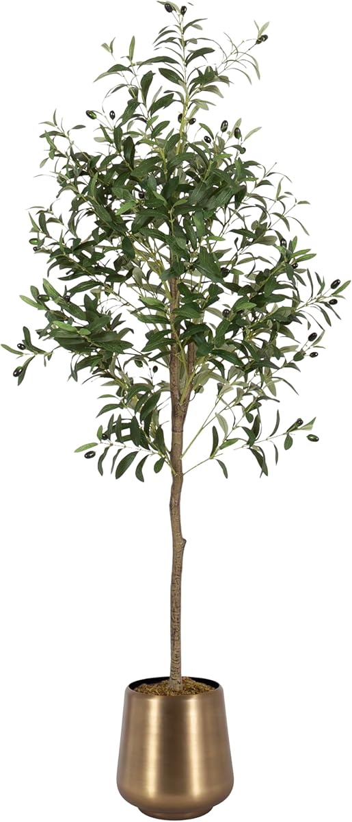 Oliveira Olivo sintético con maceta de metal Portell, 5 pies, latón antiguo, olivo artificial en maceta con follaje realista y musgo añadido, planta falsa para decoración de sala de estar