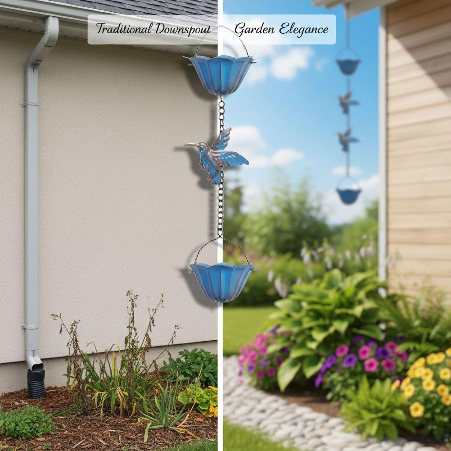 Rain Chains for Gutters, Hummingbird, 94.5 in Metal, Blue Vintage Lotus Cup, with 7 Lotus Cups and 8 Bird Pendants for Outdoor Drainage