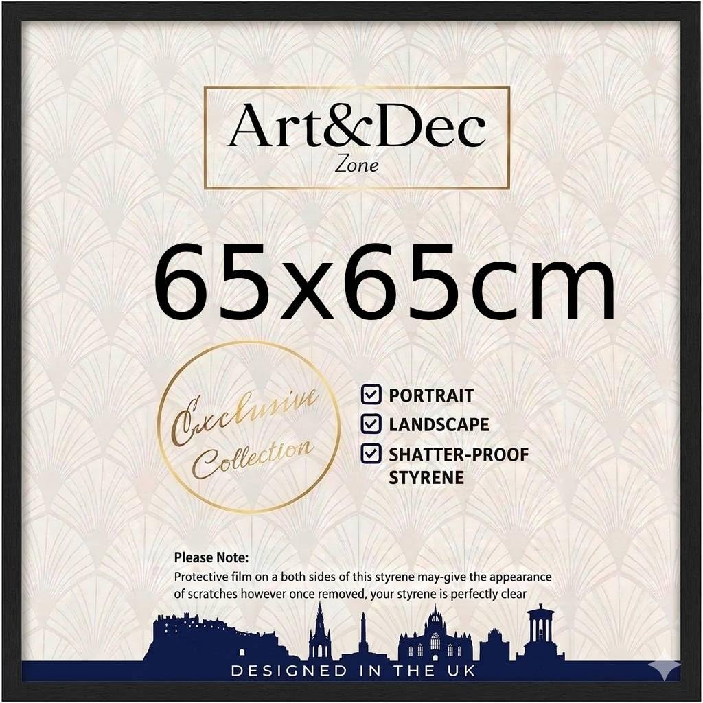 Art & Dec Zone® Sleek Black MDF Picture Frame 65x65 cm Square Durable MDF Poster Frame with Clear Acrylic Protection – Wall Display for Photos, Artwork & Prints