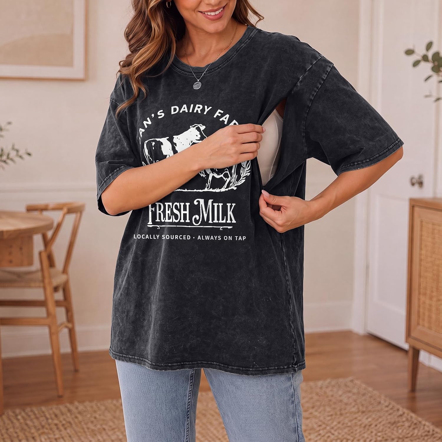 Wrenpies Zipper Nursing Friendly Tops for Women Breastfeeding Maternity Shirts Cotton Oversized Graphic Acid Wash Funny Tees