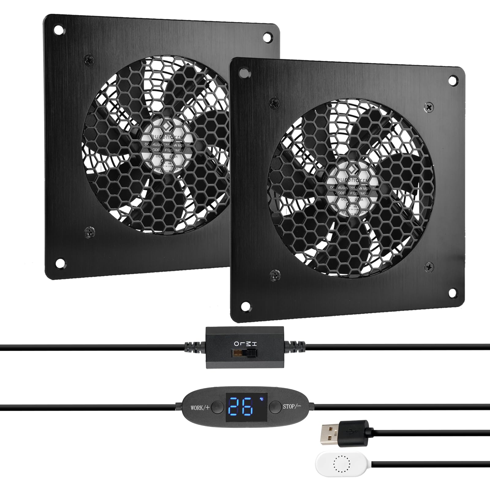 Digitalanzeige temperaturgesteuertes leises Lüftersystem, | USB-Lüfter, 5V-Lüfter mit modernem gebürstetem schwarzem Aluminiumrahmen für Heimkino-AV-Schränke (2)