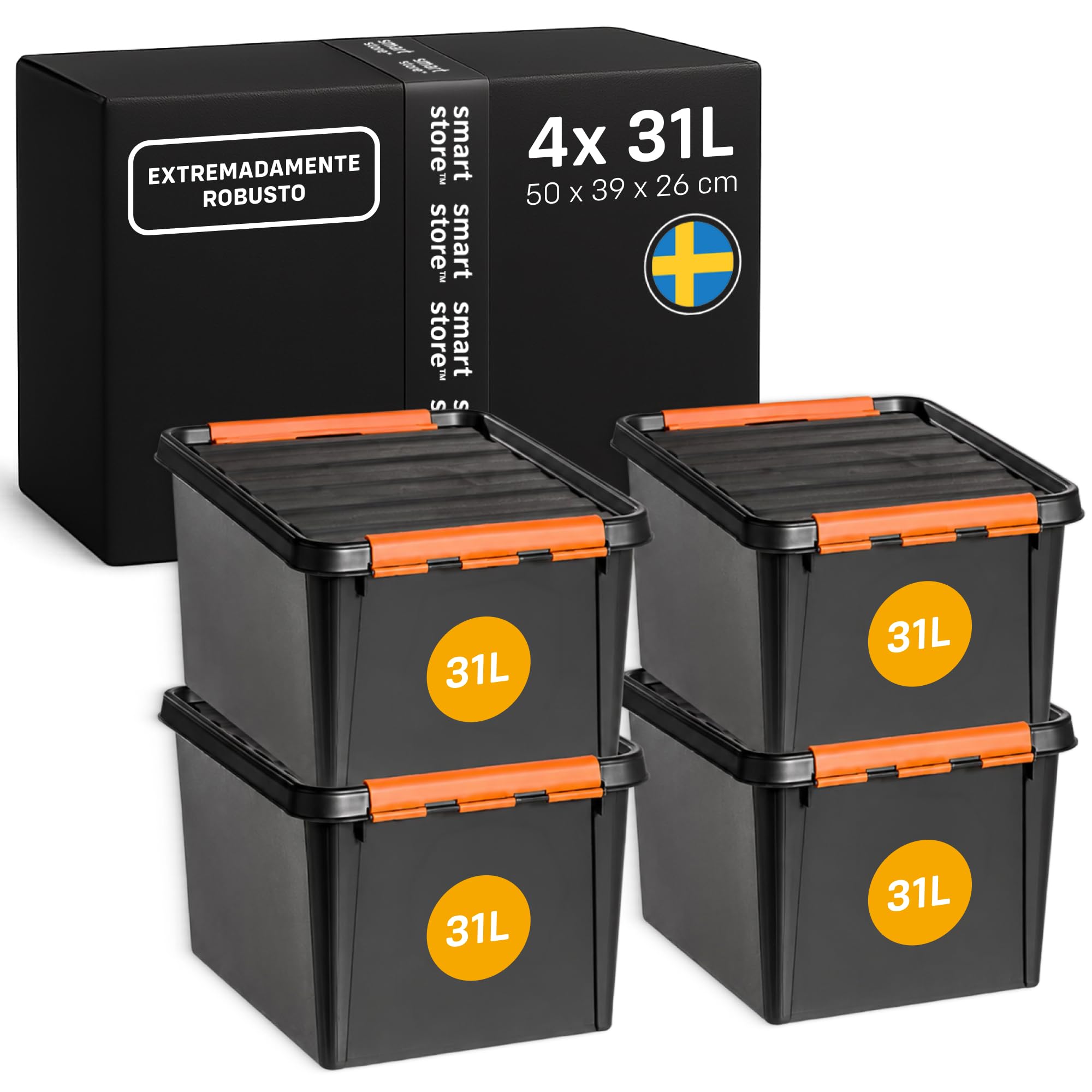 SmartStore Caja de almacenaje de plástico con tapa I 31 litros I Garaje, estanterías, mudanzas I Juego de 4 cajas apilables con clip I Almacenaje de herramientas I Sin BPA I 50 x 39 x 26 cm