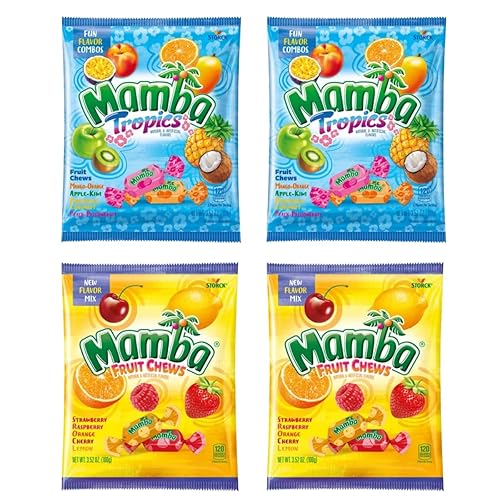 Mamba Fruit Chews and Tropics - Caramelos surtidos de dulces envueltos individualmente, 3.52 onzas (paquete de 4)