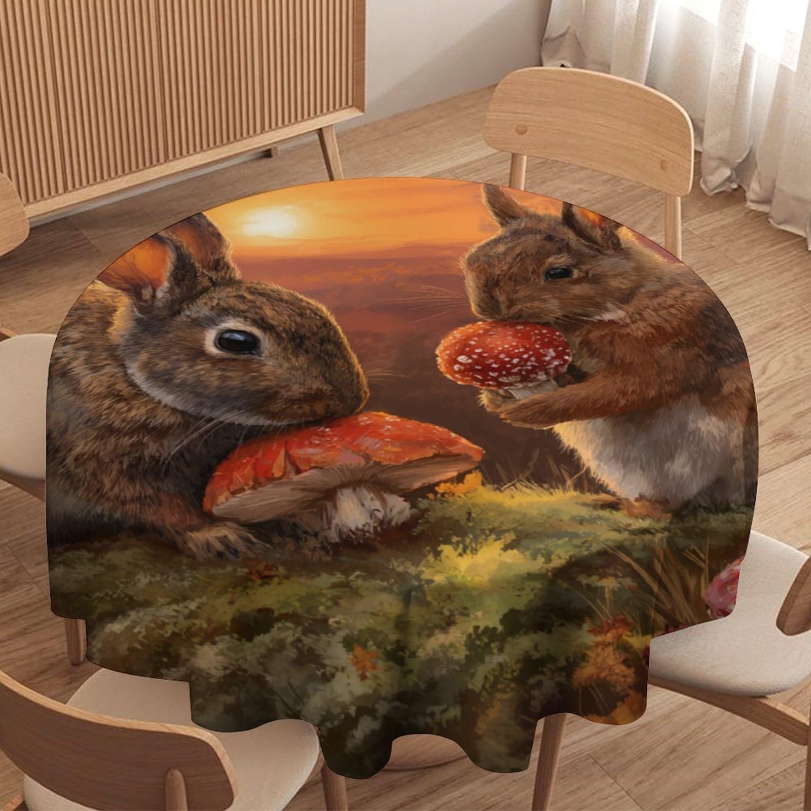 LUYYSKY Vintage Rustic Squirrels Rabbits Waterproof Round Tablecloth Modern Funny Sunset Maple Leaves Mushrooms Animals Pattern Washable Table Cover for Kitchen-177.8" Wx177.8 L cm