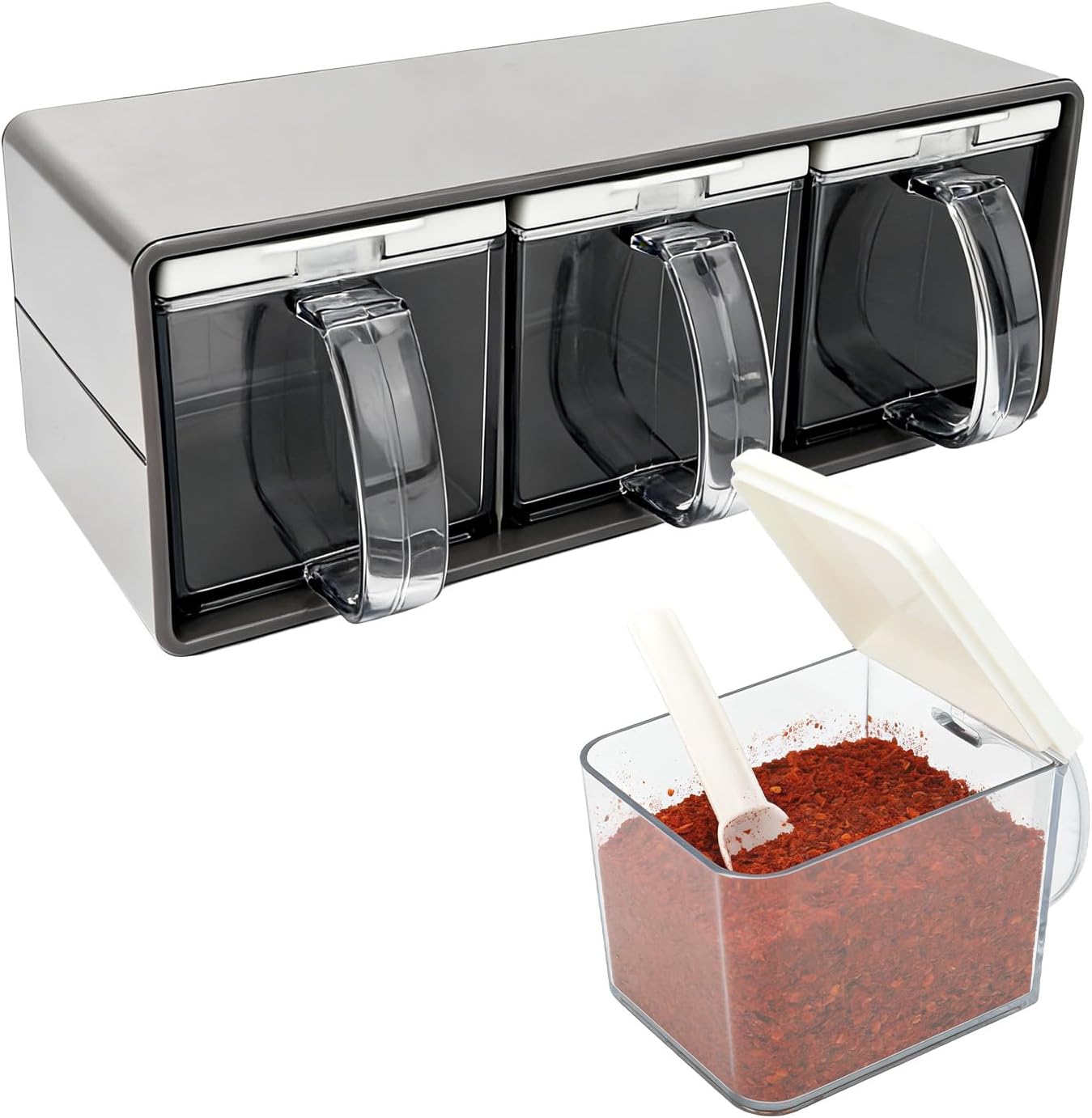 3 Grids Seasoning Organizer Box, Stainless Steel Spice Containers with Lid and Spoon, Storage Rack for Salt, Sugar, Pepper, Spices, Suitable for Home Kitchen and Cafe Use