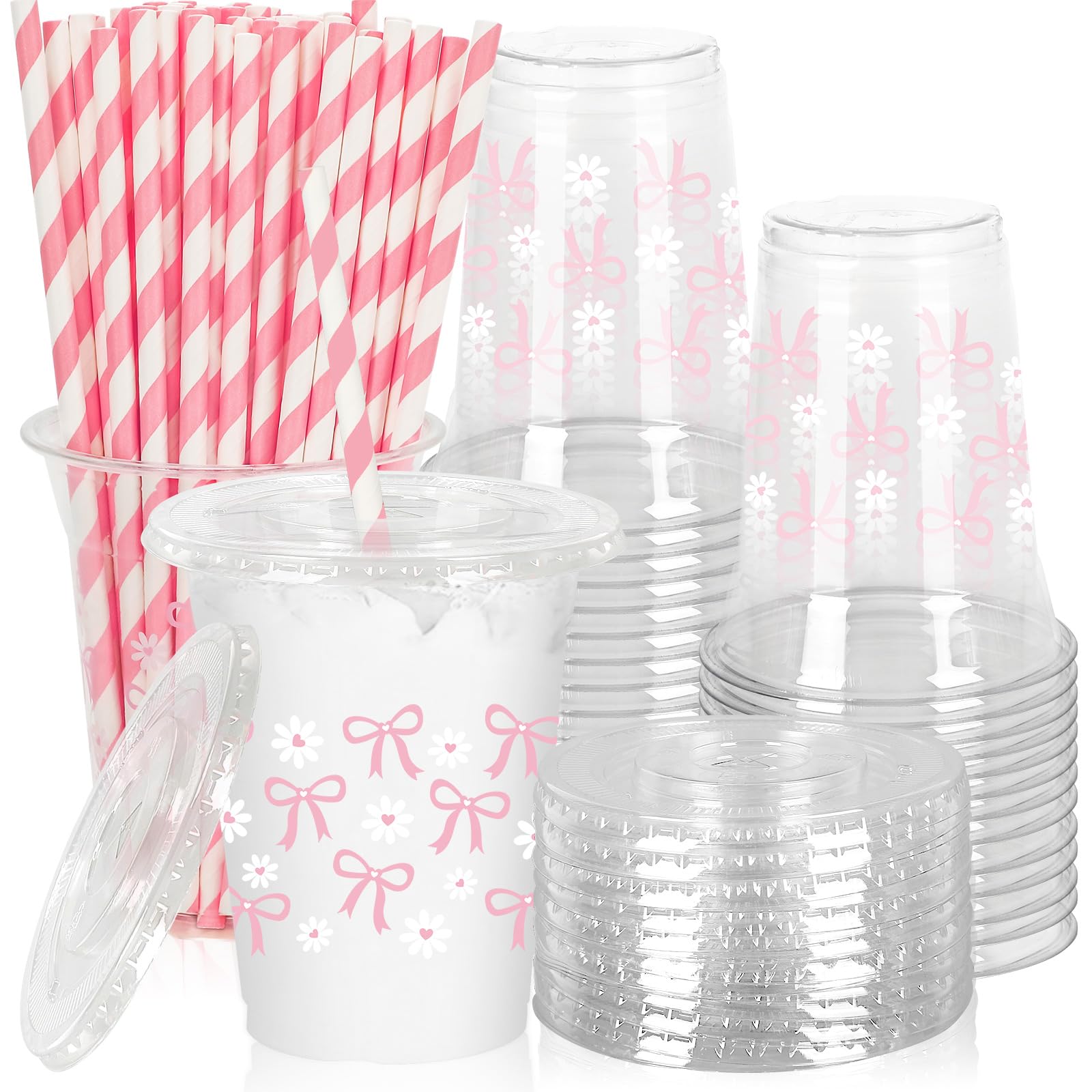 JarThenaAMCS 50 Pcs Pink Bow Plastic Cups with Lids and Straws Pink Bow Daisy Clear Plastic Cups 12 oz Disposable Cups for Valentine's Day Birthday Wedding Party Supplies