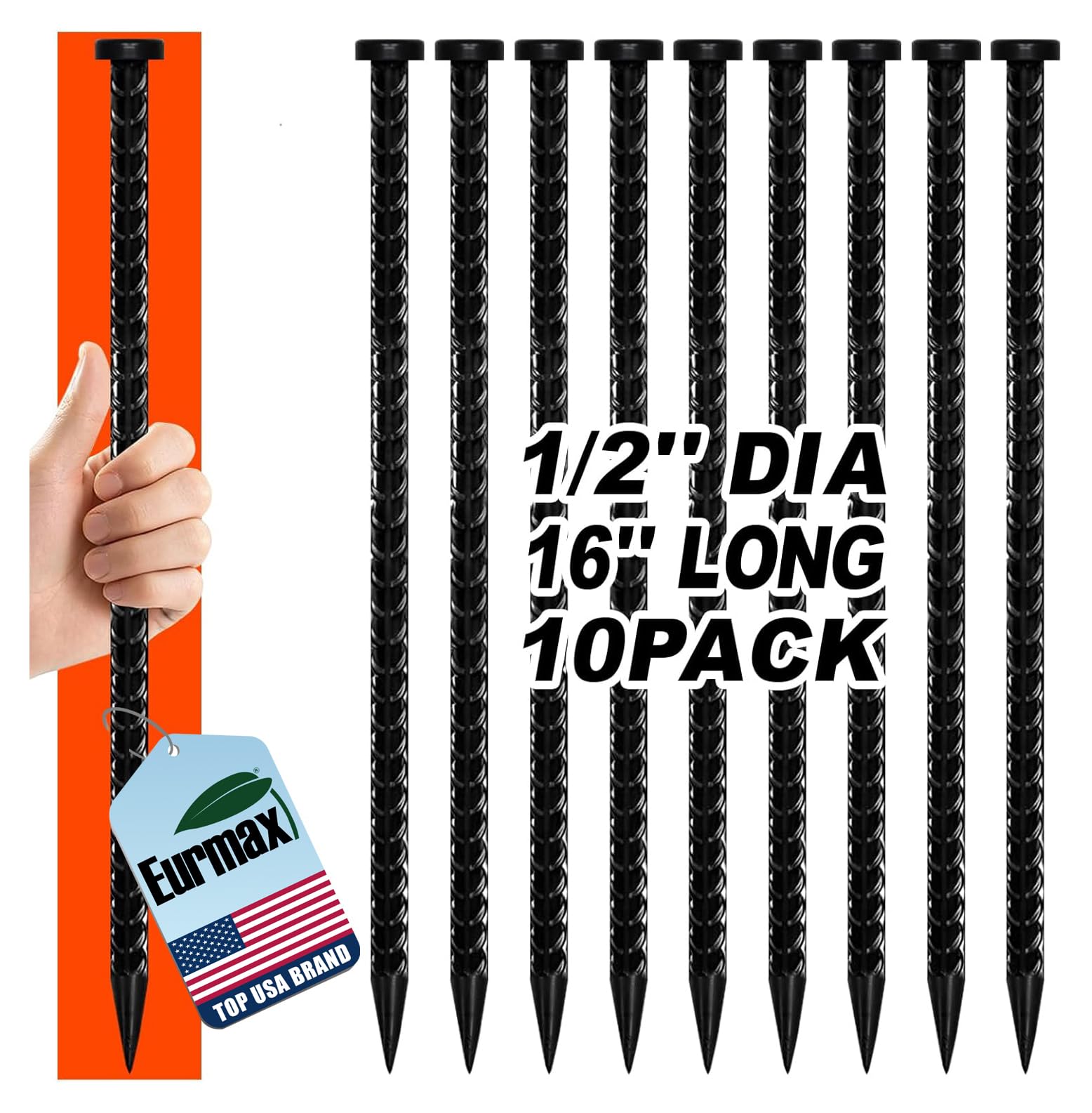 Eurmax USA 10-Pack 16 Inch Rust-Proof Steel Canopy Anchors for High Winds, 1/2 Inch Galvanized Rebar Stakes Heavy Duty Ground Anchors for Camping Tent, Speed Bump, Parking Curb, Garden Support