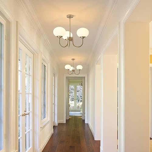 Miniatura 9 de BOKT Lámpara de araña Sputnik moderna de mediados de siglo con forma de globo vintage de 3 luces de vidrio de leche, lámpara colgante grande de bola