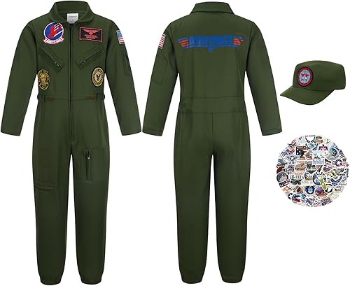 Disfraz de piloto de caza para niños, traje de vuelo militar para niño y niña, disfraz de Maverick para niños de Halloween