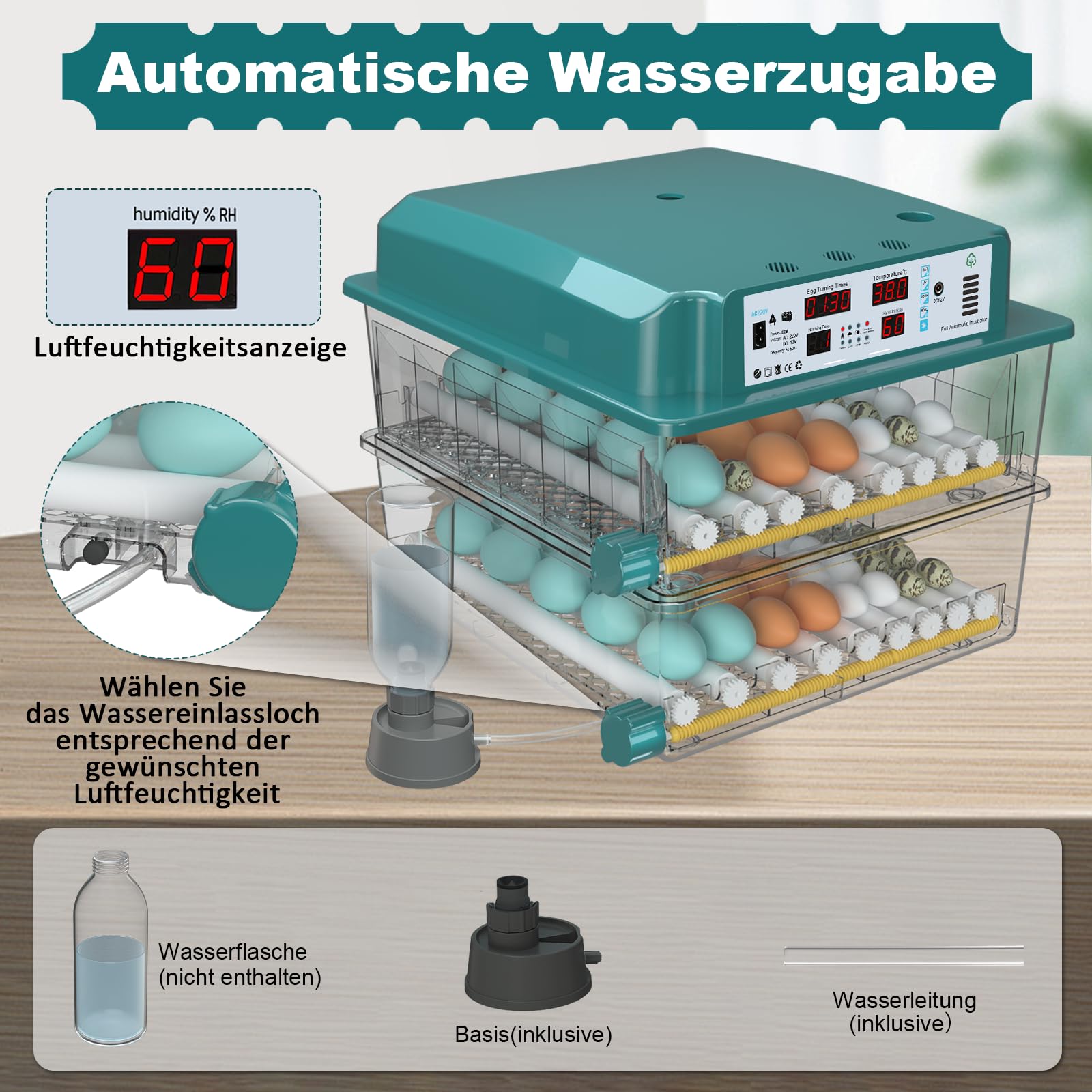 CoInceptus Brutautomat Vollautomatisch Inkubator mit 120 Eier, Brutkasten für Hühner & Wachteln automatischem Wenden, Feuchtigkeitsanzeige und 4 Inkubationsmodus Automatisches Wasser Brutmaschine
