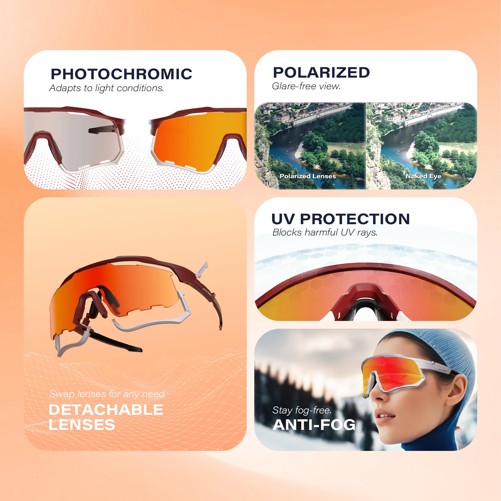 Occhiali da ciclismo polarizzati con effetto fotocromatico, occhiali da sole sportivi staccabili con anti-appannamento invernali per uomini e donne