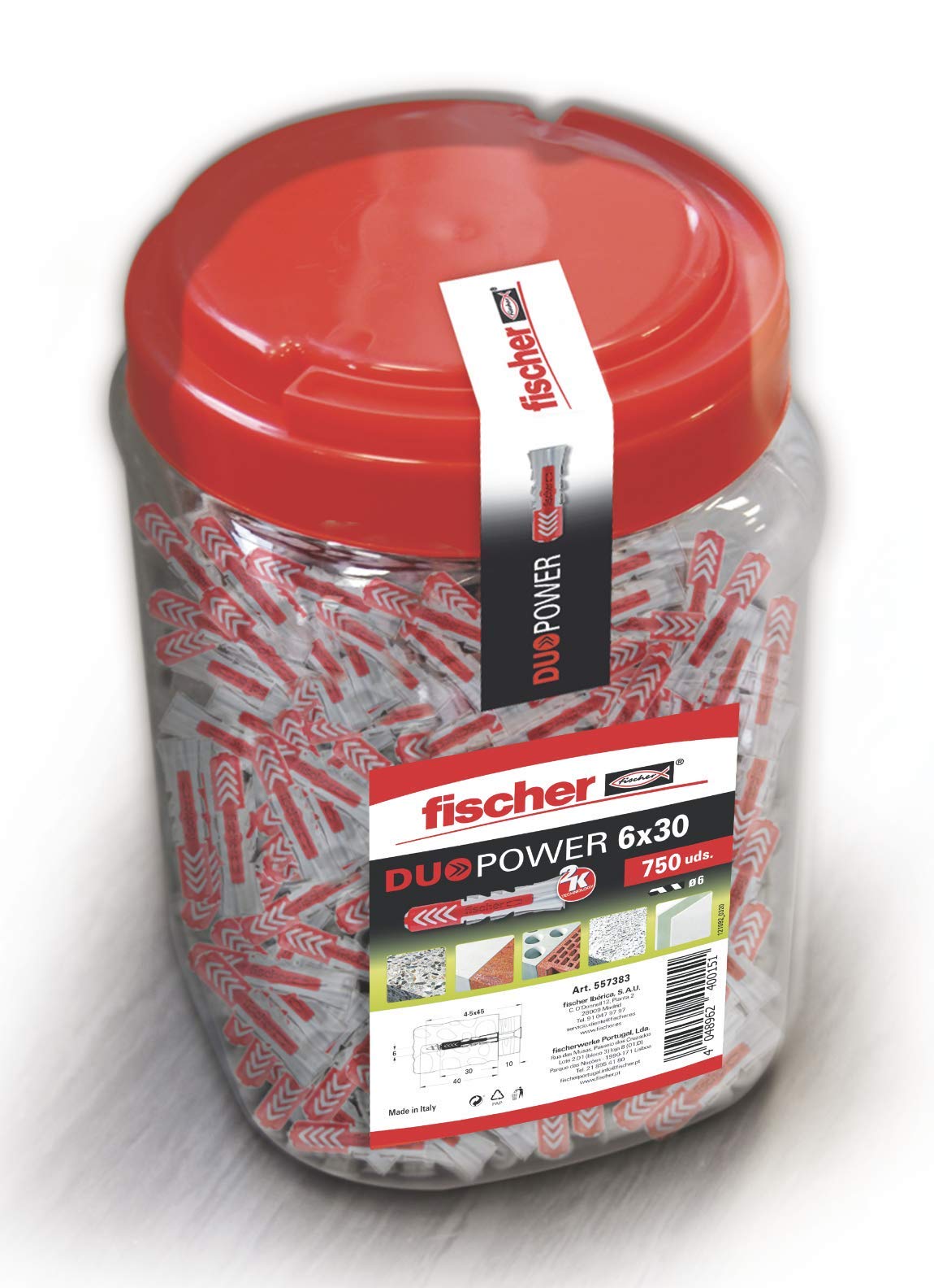 fischer 557383 DUOPOWER Dübel, Grau/Rot, 6x30/750uds & DUOPOWER 6 x 50, Universaldübel, leistungsstarker 2-Komponenten-Dübel, Kunststoffdübel zur Befestigung in Beton, Ziegeln, Stein, 100 Stück