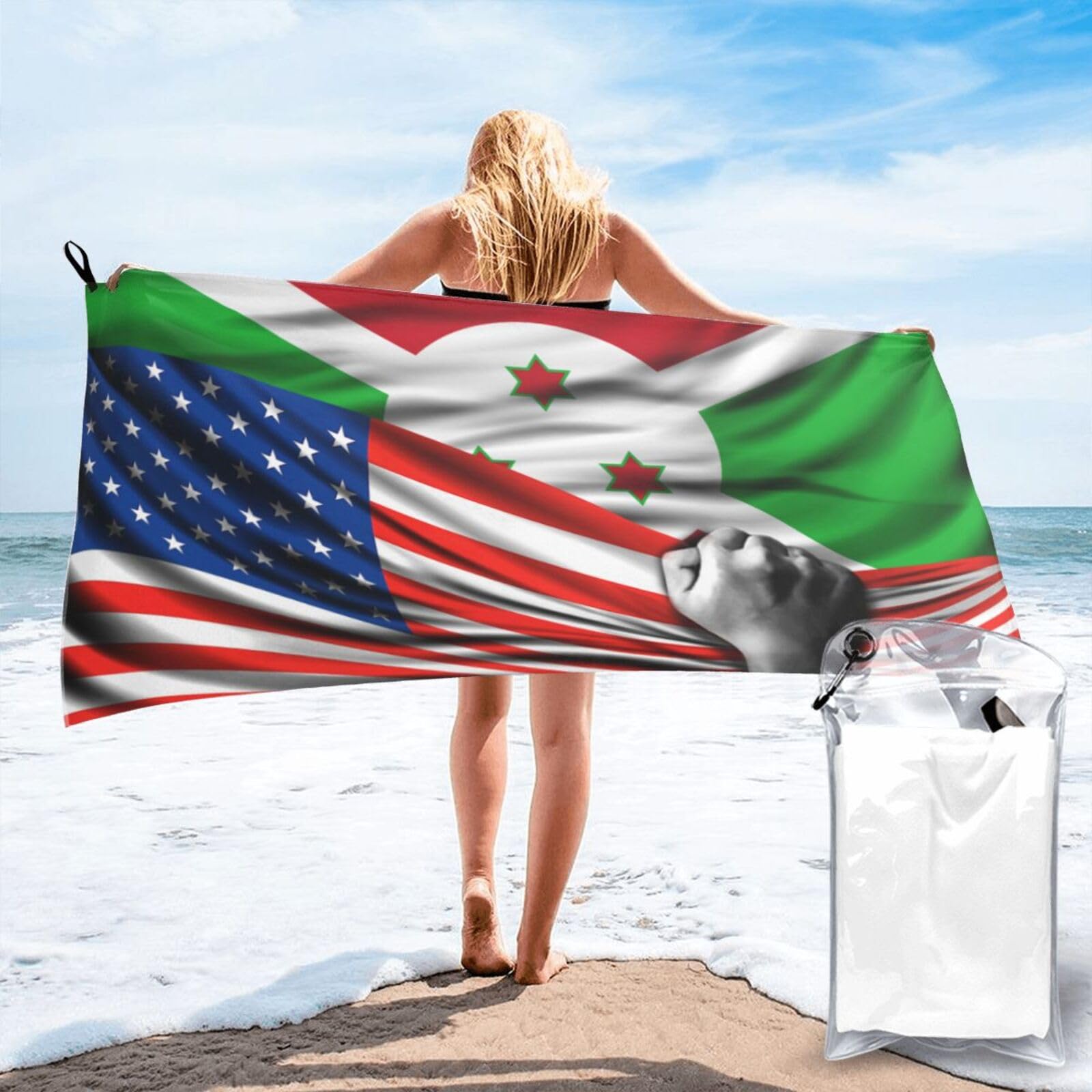 HACXZ Beach Towel America Flag and Burundi Burundian Flag Microfiber Beach Towel Lightweight Absorbent 27.5"X55"