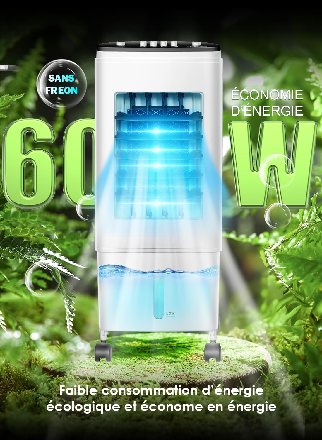 Climatiseur Mobile 3-en-1 Rafraîchisseur d’Air, Réservoir 6L, 3 Blocs Réfrigérants, 60W Économie d’Énergie, 35dB Silencieux, Oscillation 60°, 3 Vitesses, Humidificateur, Ventilateur, Maison, Bureau