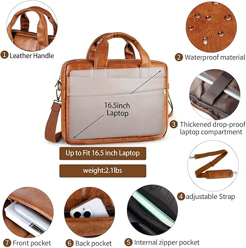 Miniatura 69 de Bolsa de mensajero para hombre de 17.3 pulgadas de lona/cuero para portátil, mochila para hombre, maletín para computadora, bolsa de hombro Marrón