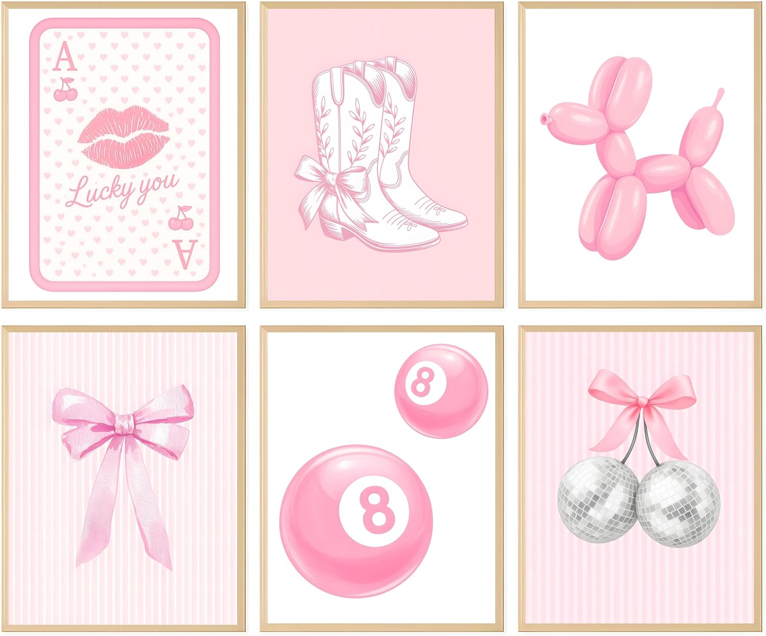 Coquette Pink Aesthetic Wall Art Posters - Lucky Girl Syndrome Prints with Bow, Disco Ball Cherry, 8 Ball, Cowboy Boots, Balloon Dog & Ace Card - Trendy Preppy Retro Decor for Teen Girls Bedroom, Dorm, Living Room - Set of 6, 8x10 Inch (UNFRAMED)