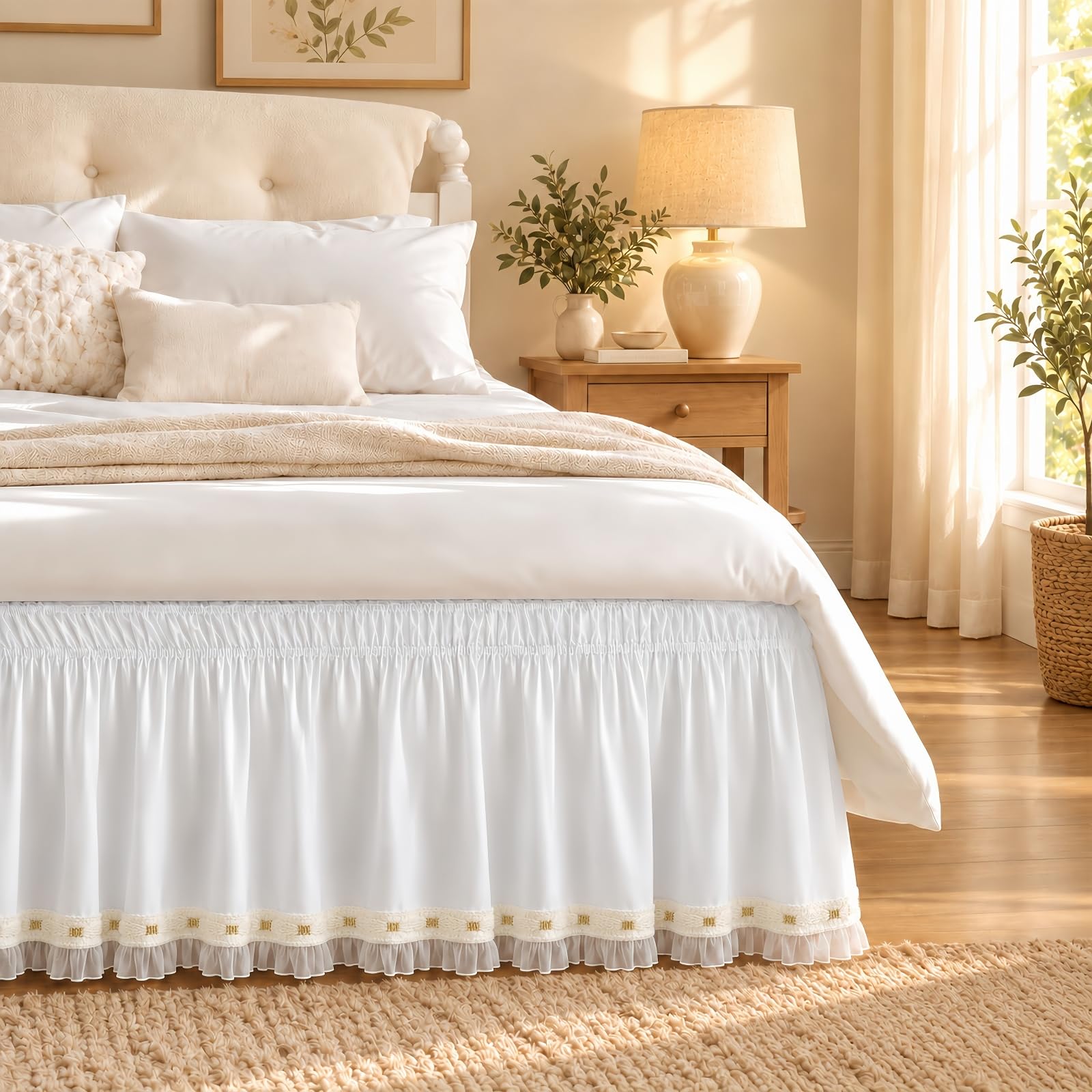 Lace Trim Bed Skirt Queen 15" Drop, Elastic Wrap Around Bedskirt