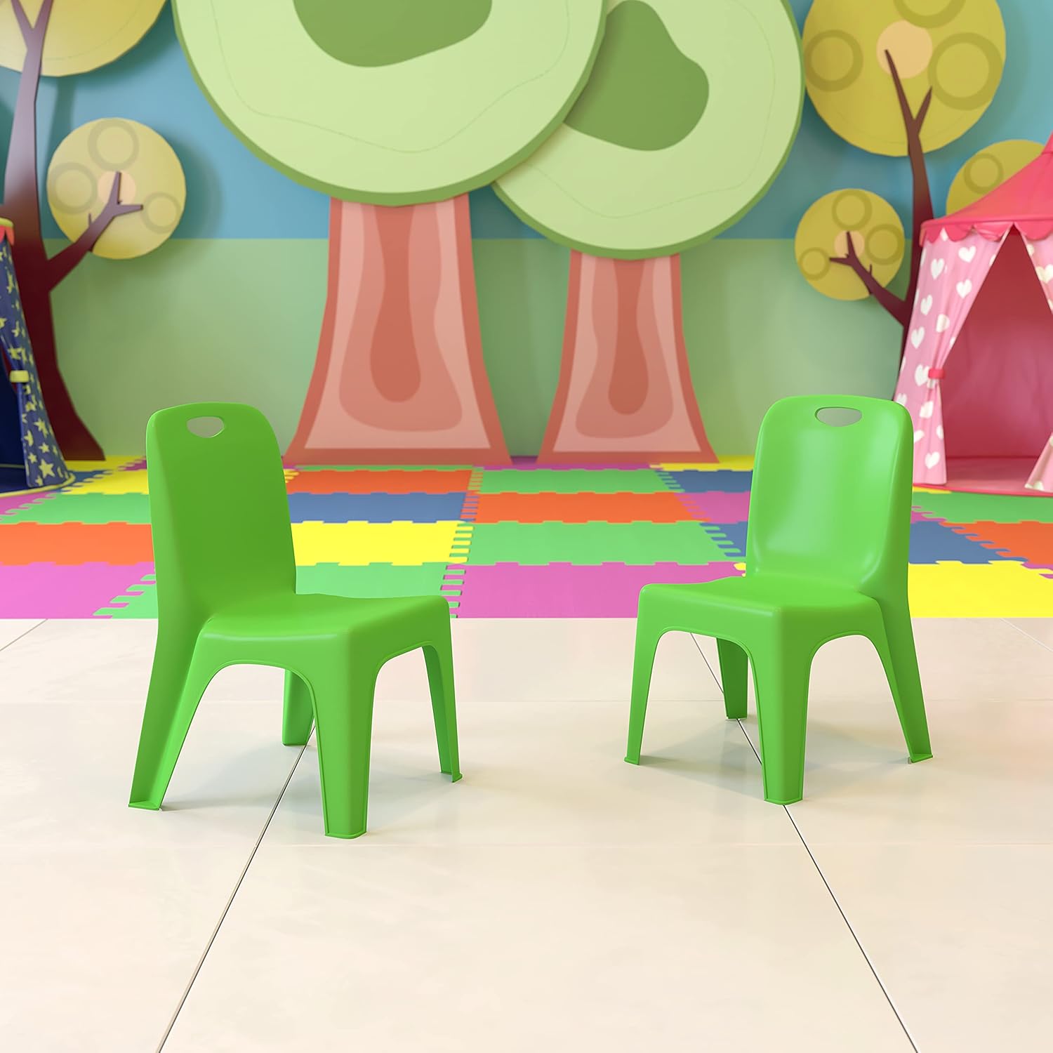 EMMA + OLIVER 2 Pack Green Plastic Stackable School Chair with Carrying Handle and 11 H Seat