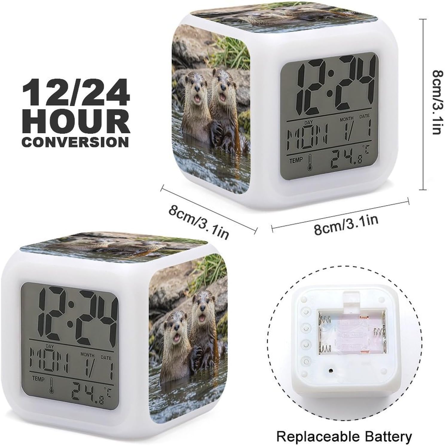 Cute Brown OttersDigital Alarm Clock with 7 Color Changing Night Light Smart LED Display Desktop Clock for Heavy Sleepers, Bedside Small Alarm Clocks with Date Temperature Display image 3
