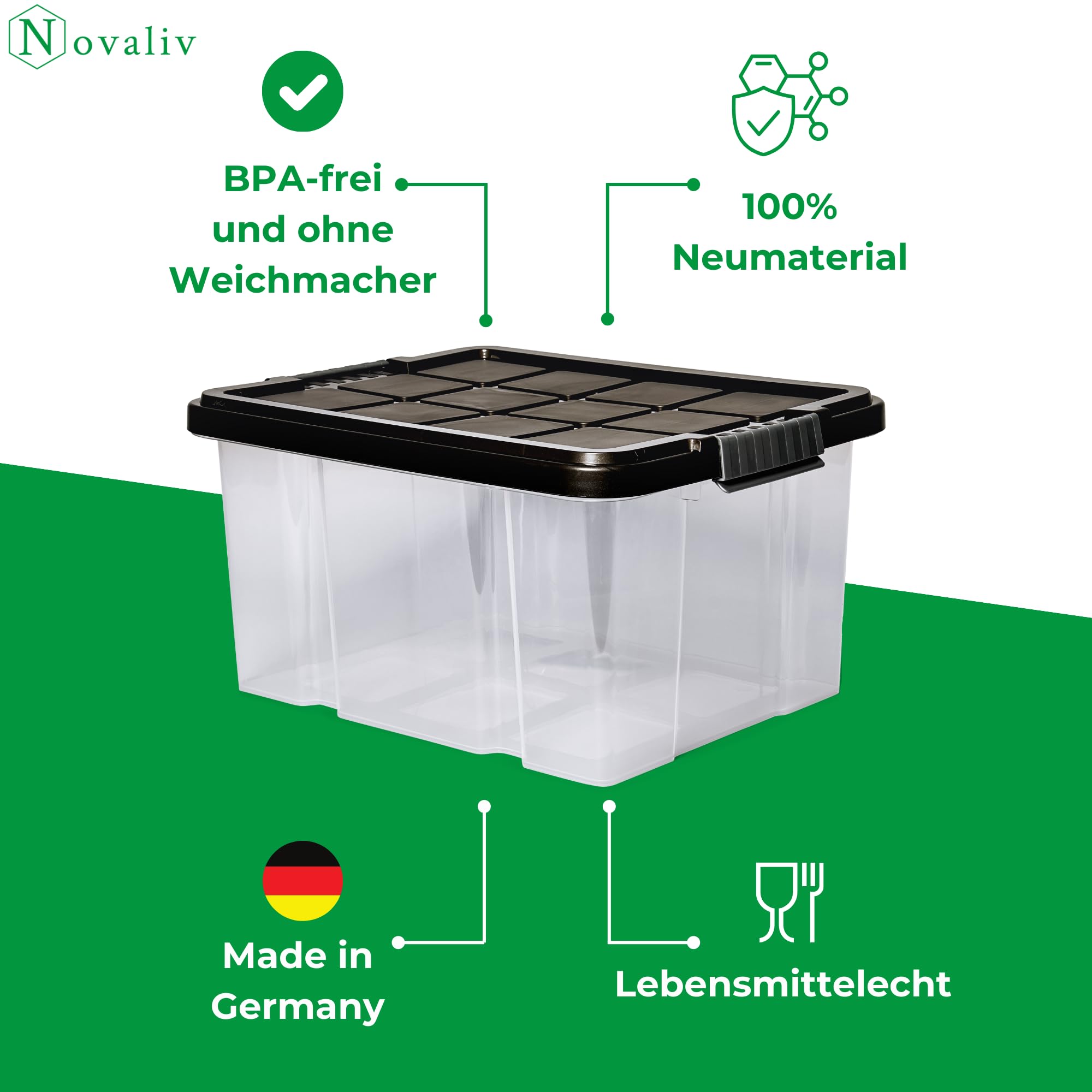 Novaliv 4x Aufbewahrungsboxen mit Deckel 27L Anthrazit Nestbar stapelbare Storage boxes mit Clipverschluss Kunststoffbox BPA-frei 46,5x36,5x24 cm