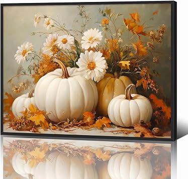 Farmhouse Autumn Pumpkin Canvas Wall Art, White Orange Pumpkins Still Life Painting Pictures, Rustic Farm Fall Daisy Flower Posters, Halloween Thanksgiving Autumn Wall Print Decor 24x36in Framed