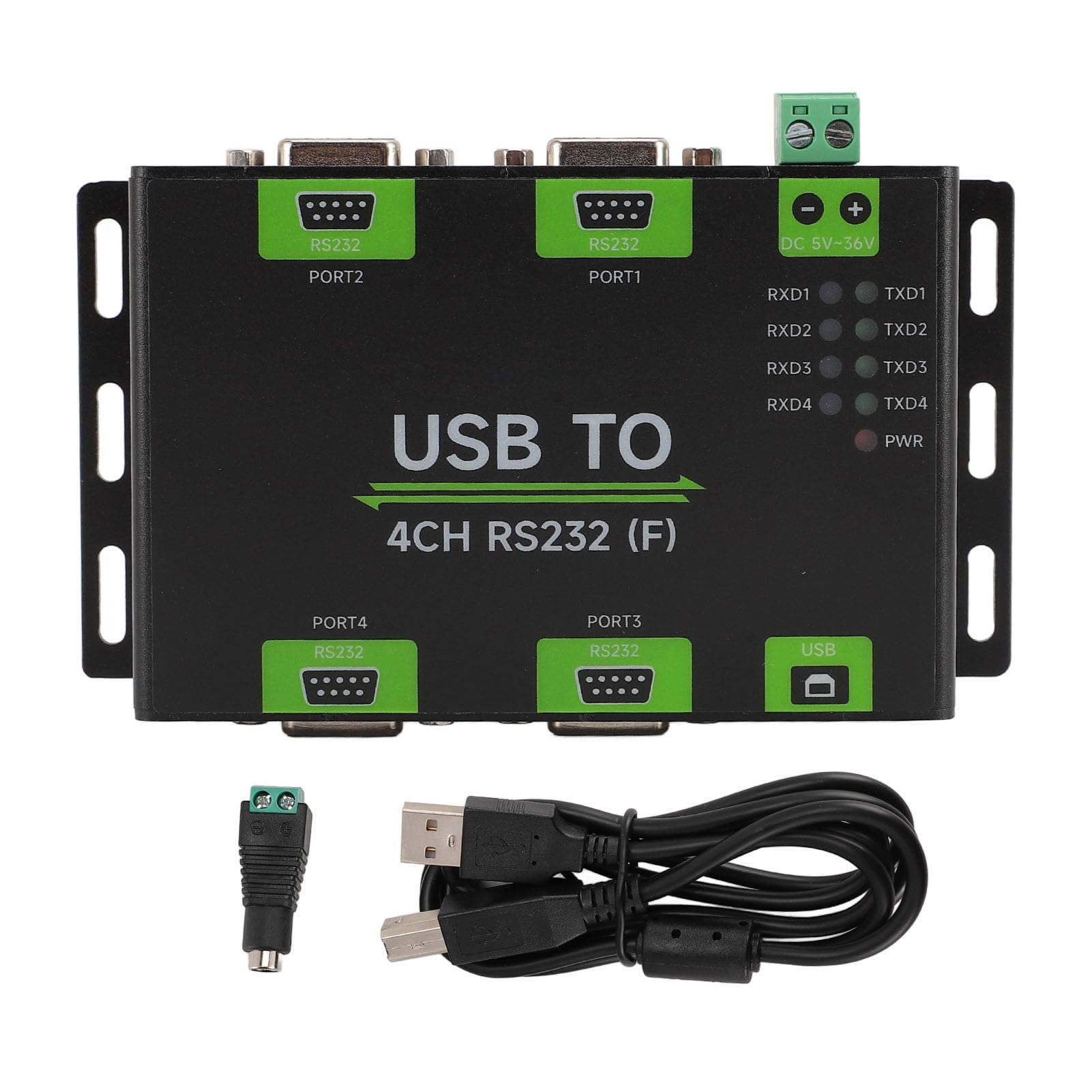 Qiilu USB to 4-Channel RS232 Converter with included accessories