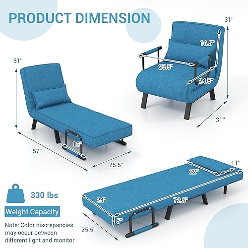 Miniatura 31 de POWERSTONE Silla convertible cama cama 4 en 1 para sala de estar, silla de lectura con almohada, brazo y respaldo ajustable de 5 posiciones, sofá
