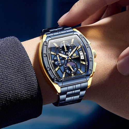 Miniatura 4 de OLEVS Relojes para Hombres Cronógrafo Impermeable Cara Rectangular Fase Lunar Correa de Acero Inoxidable Relojes de Vestir para Hombres Luminoso