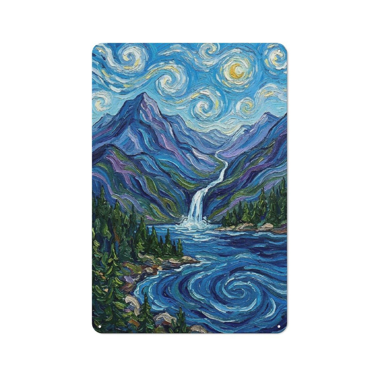 Metal Wall Plaque with Mountain Waterfall Landscape Painting Design 30x20cm, Simple Retro Studio Wall Plaque for Hobby Room, Office, Lounge Or Living Room