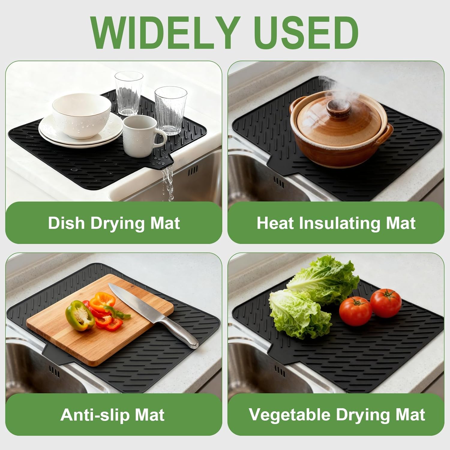 Silicone Drying Mat, 23"X17" With Built-in Drain Lip,Heat-Resistant,Eco-friendly,Hygienic Drying Pad,Leak-Proof and Non-Slip,Silicone Dish Drying Mat for Kitchen Counter or Sink（Black 23X17） - Image 6