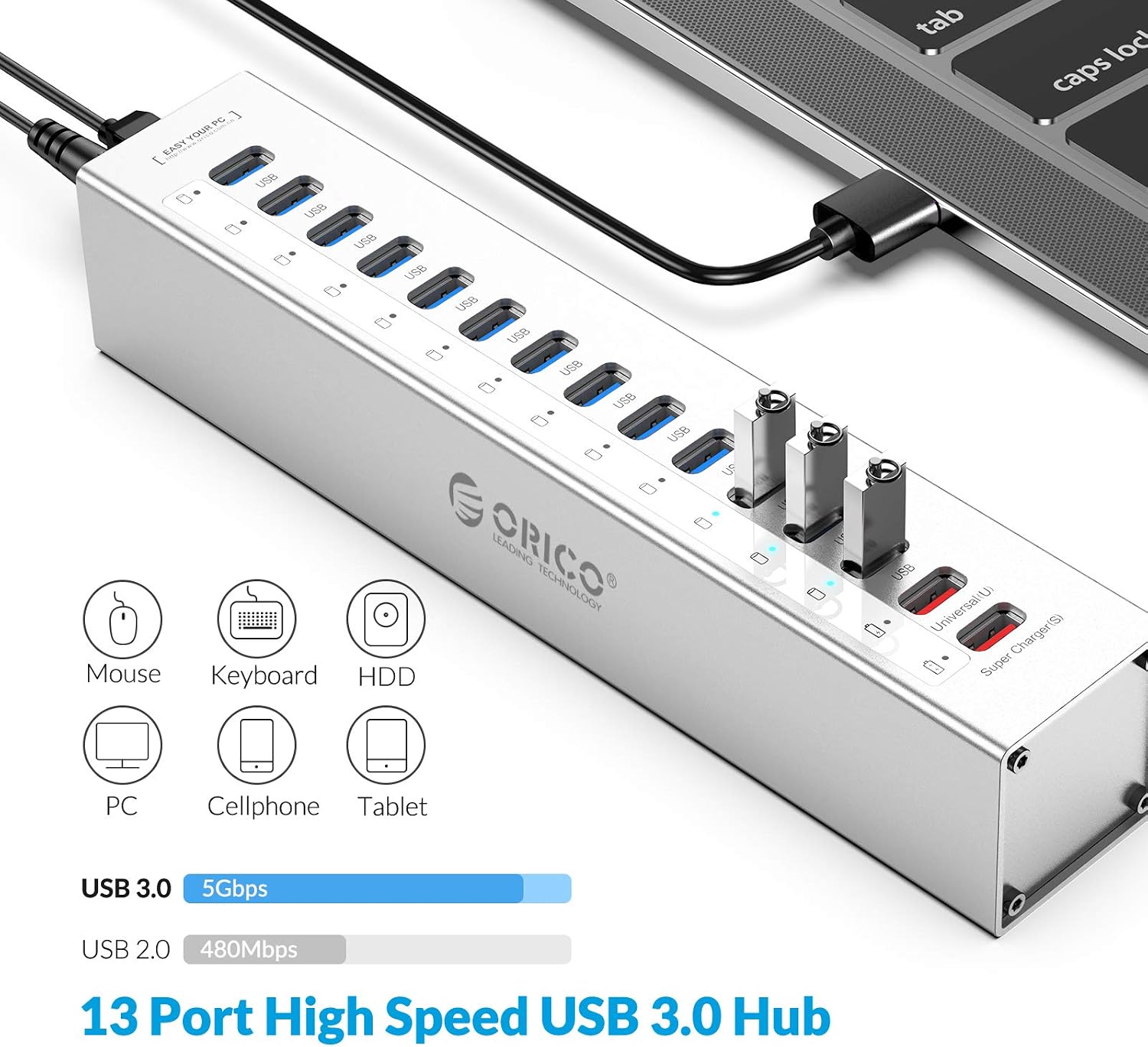 Buу 1 gеt 1 🔥 ORICO Powered USB Hub 3.0, 13 Ports Aluminum USB Splitter and 2 Port USB Smart Charging with 12V Power Adapter, Individual LED Indicator, USB Data Hub for Laptop, PC, Mobile HDD, Flash Drive and More