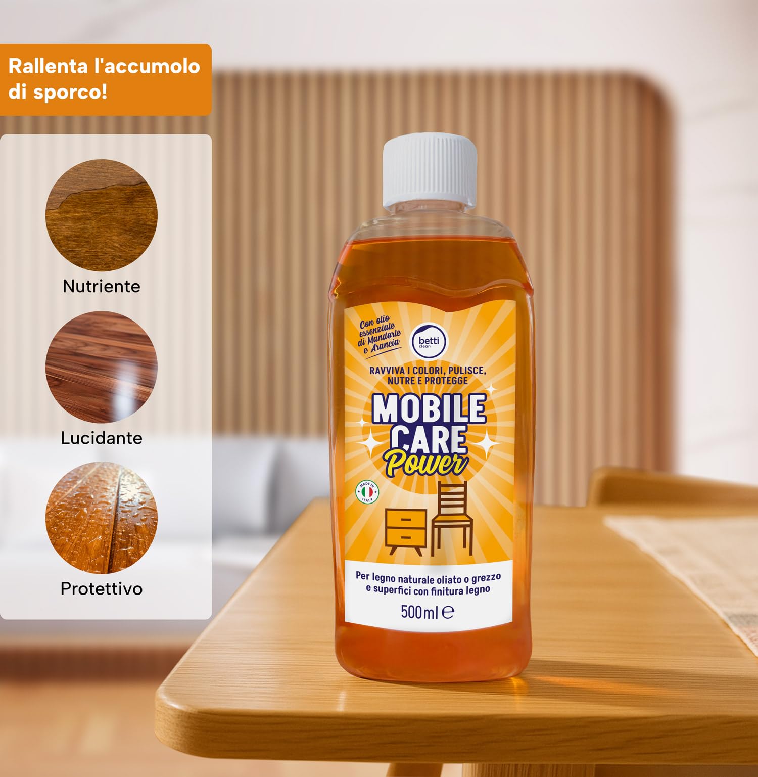 Betti Clean Mobile Care Power Olio per Legno e Mobili 500ml - Nutre, Ravviva e Protegge - Trattamento Naturale per Legno, Parquet e Superfici